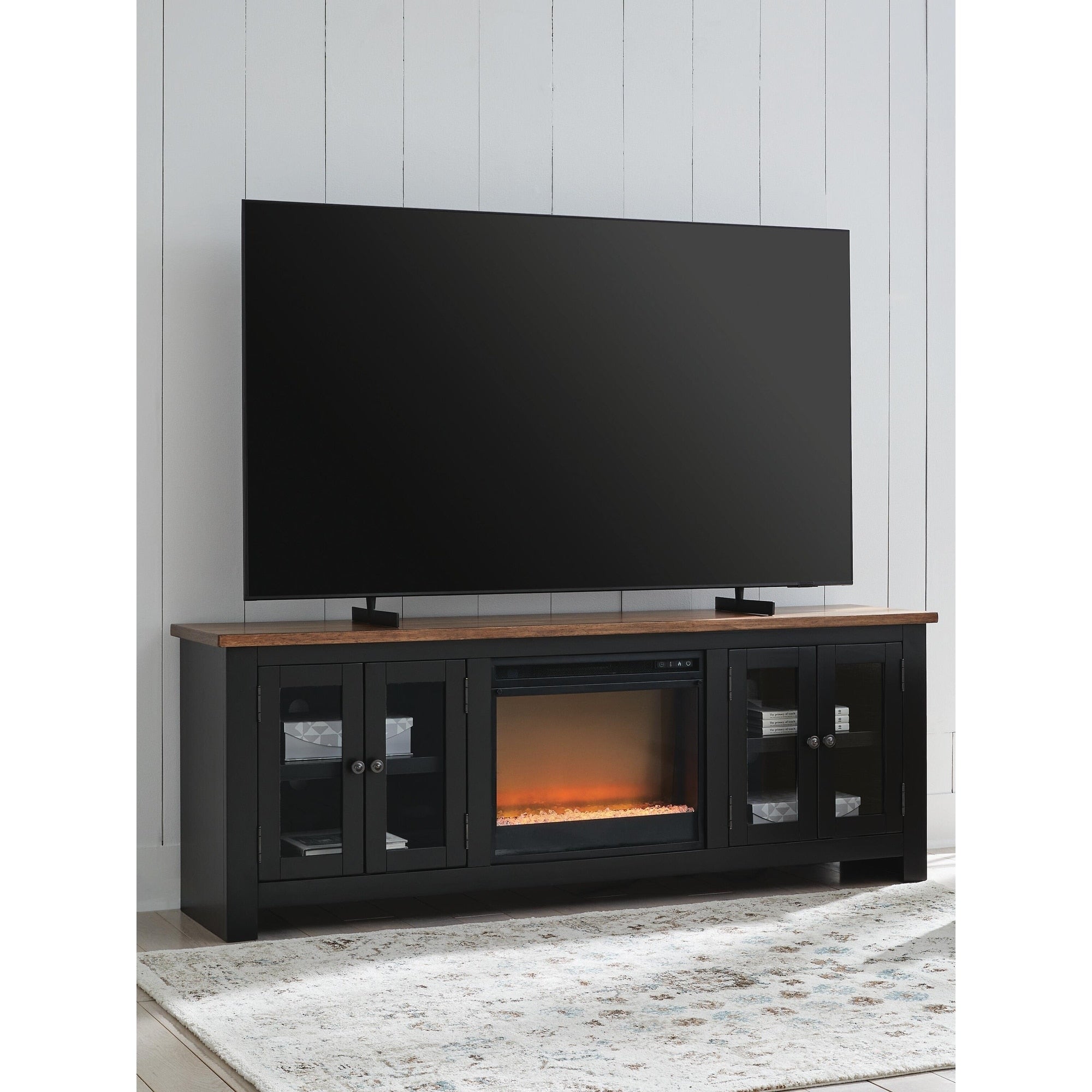 Signature Design By Ashley Wildenauer Brown Black 76 Tv Stand With Electric Fireplace For Tvs Up To 86 76 W X 18 D X 28 H