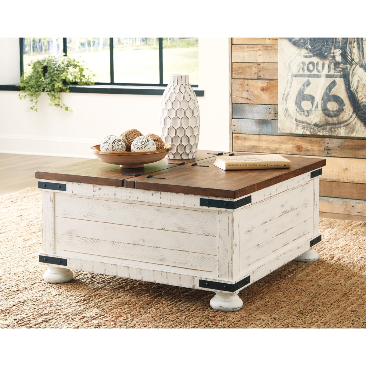 Signature Design By Ashley Wystfield White And Brown Wood Farmhouse Style Coffee Table