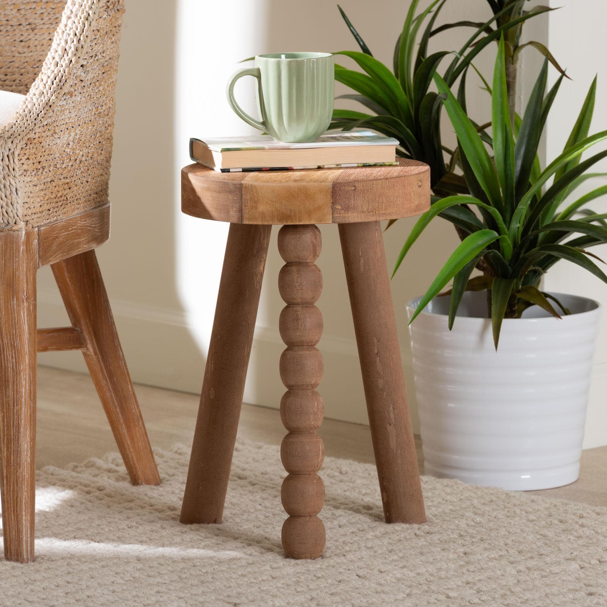 Sihu Acacia Wood Multipurpose Accent Stool Sculptural End Table With Bobbin Tripod Base For Living Room Or Bedroom