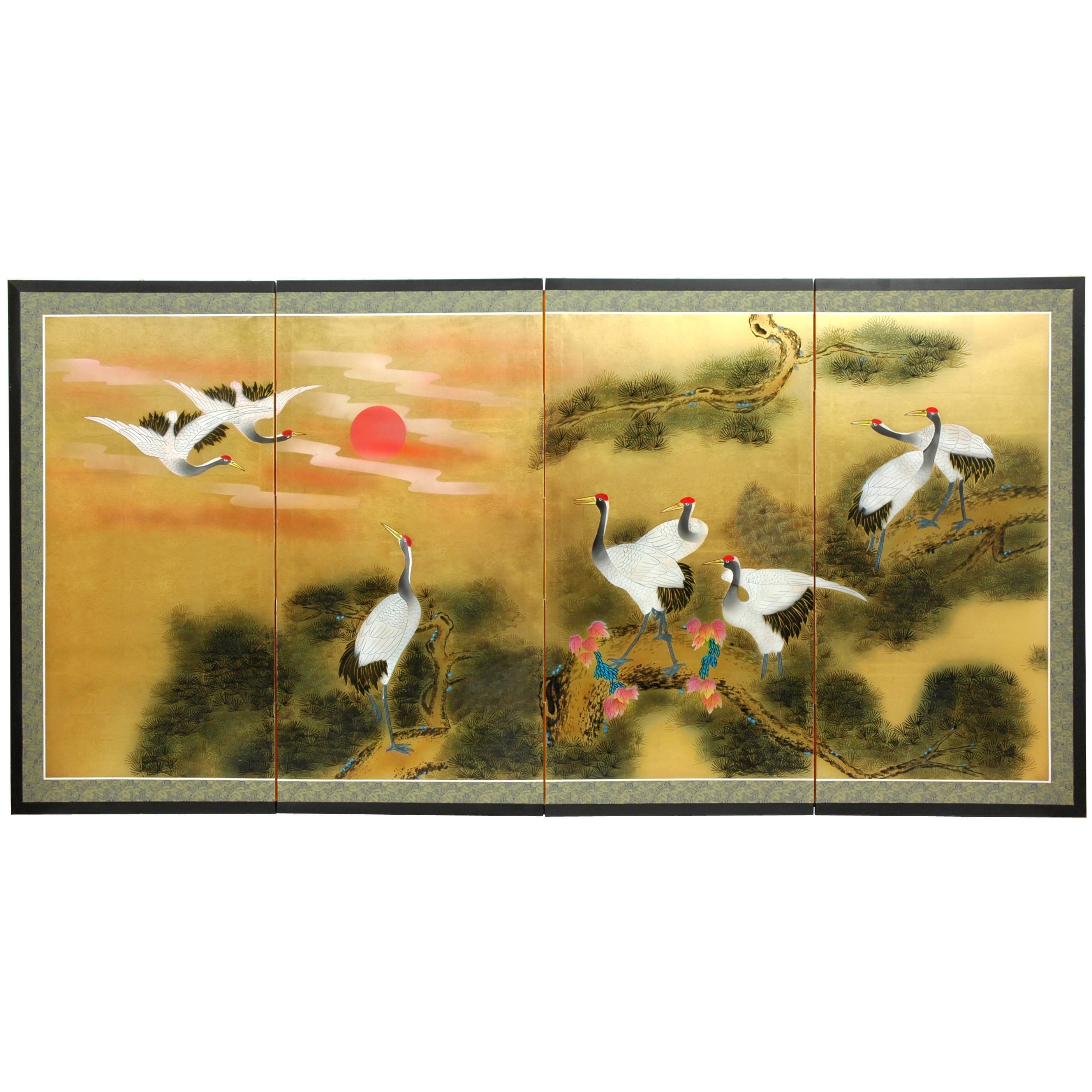 Silk Sunset Cranes Gold Leaf Screen China