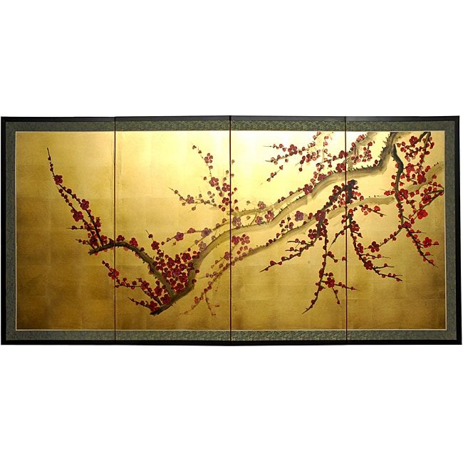Handmade Silk And Wood 18 Inch Plum Tree On Gold Leaf Wall Hanging China