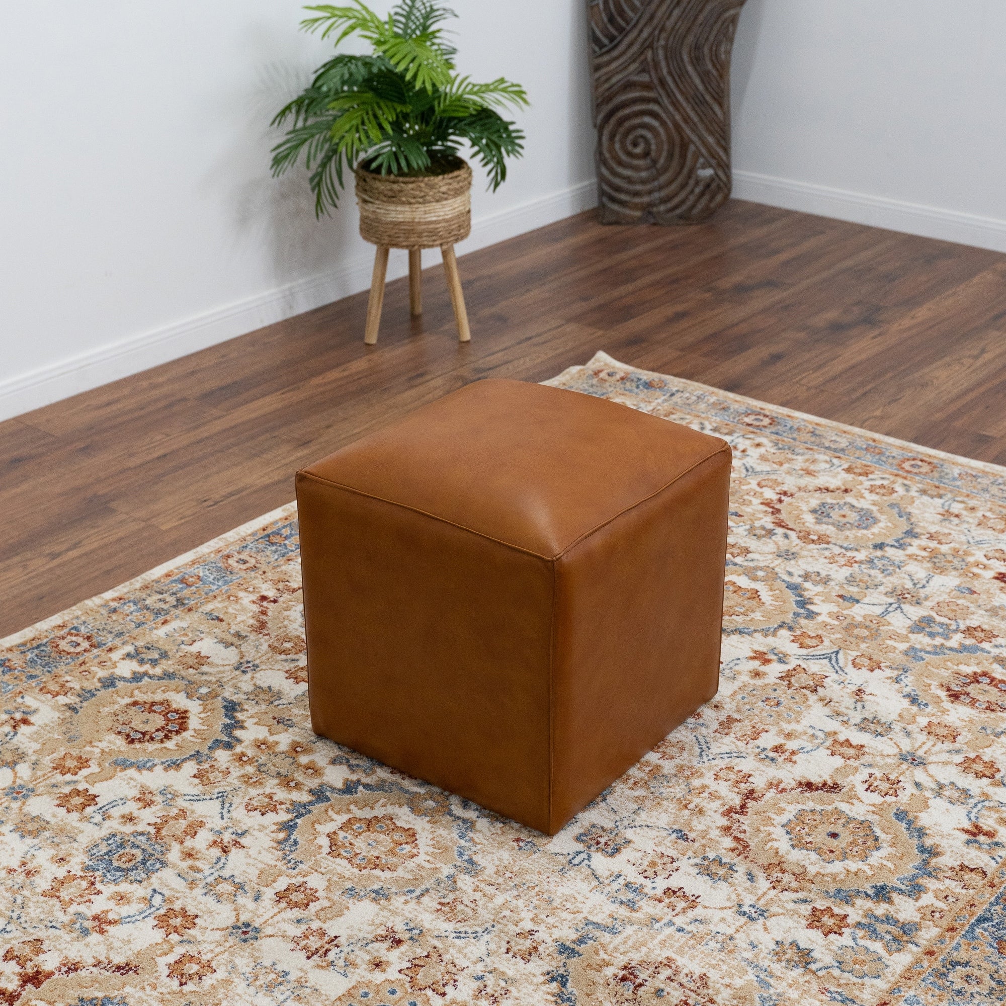 Mid Century Modern Lou Cognac Brown Genuine Leather Ottoman