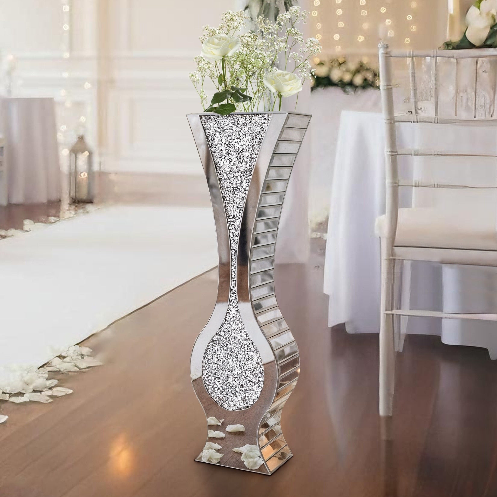Silver 27 Tall Mirrored Vase Crushed Diamond Floor Vase Pampas Faux Flower Vase Glam Decor