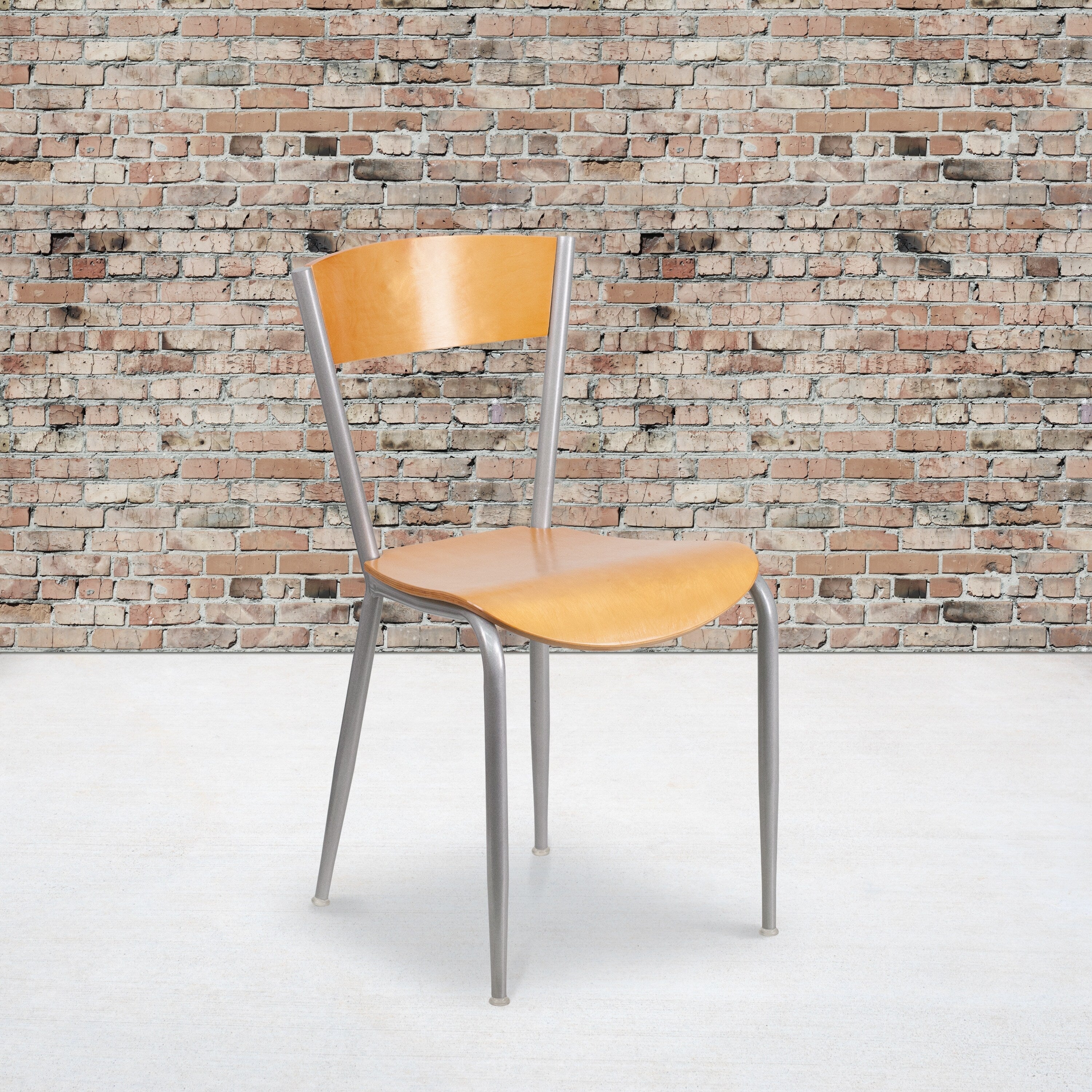 Silver Metal Restaurant Chair Natural Wood Back Seat 16.75 W X 20 D X 32.25 H