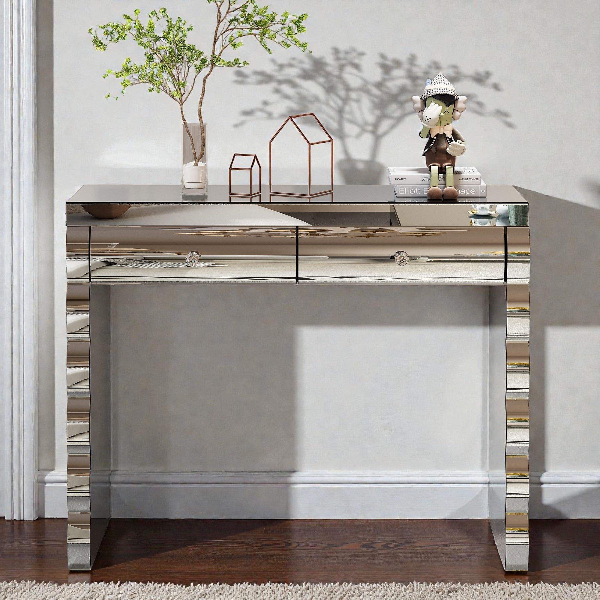 Silver Mirrored Console Table With Curved Mirror Front 2 Drawers Modern Dressing Table For Hallway Living Room