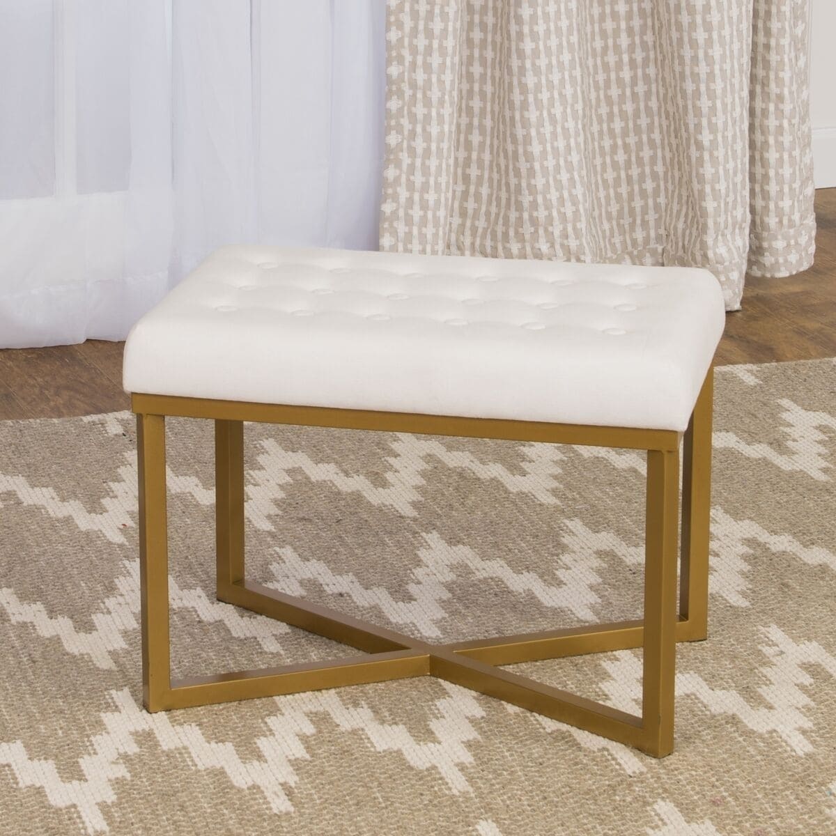 Silver Orchid Hartau Rectangular Ottoman With White Velvet Tufted Cushion And Gold Metal X Base