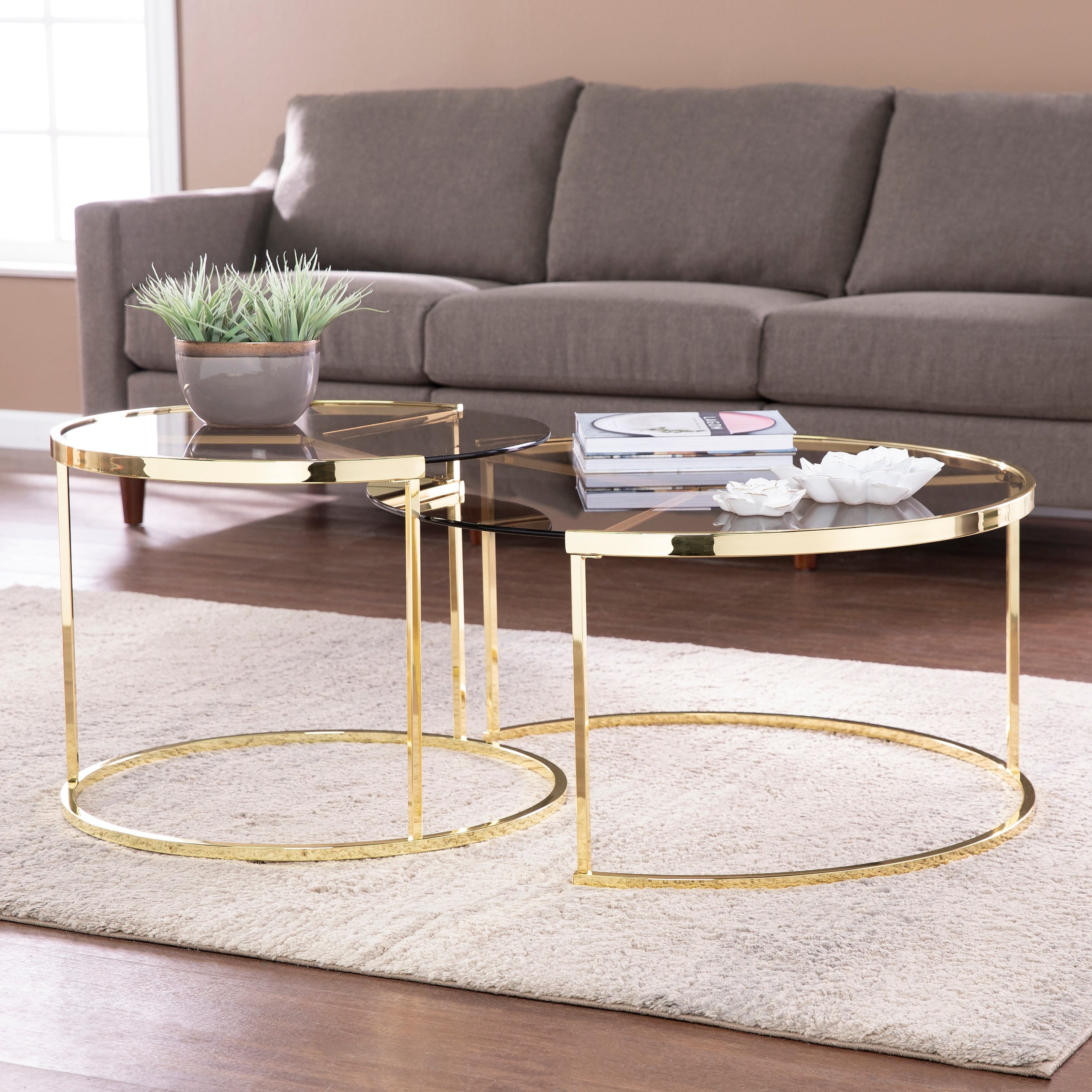 Silver Orchid Marlei Brass Glass Cocktail Table Set Set Of 2