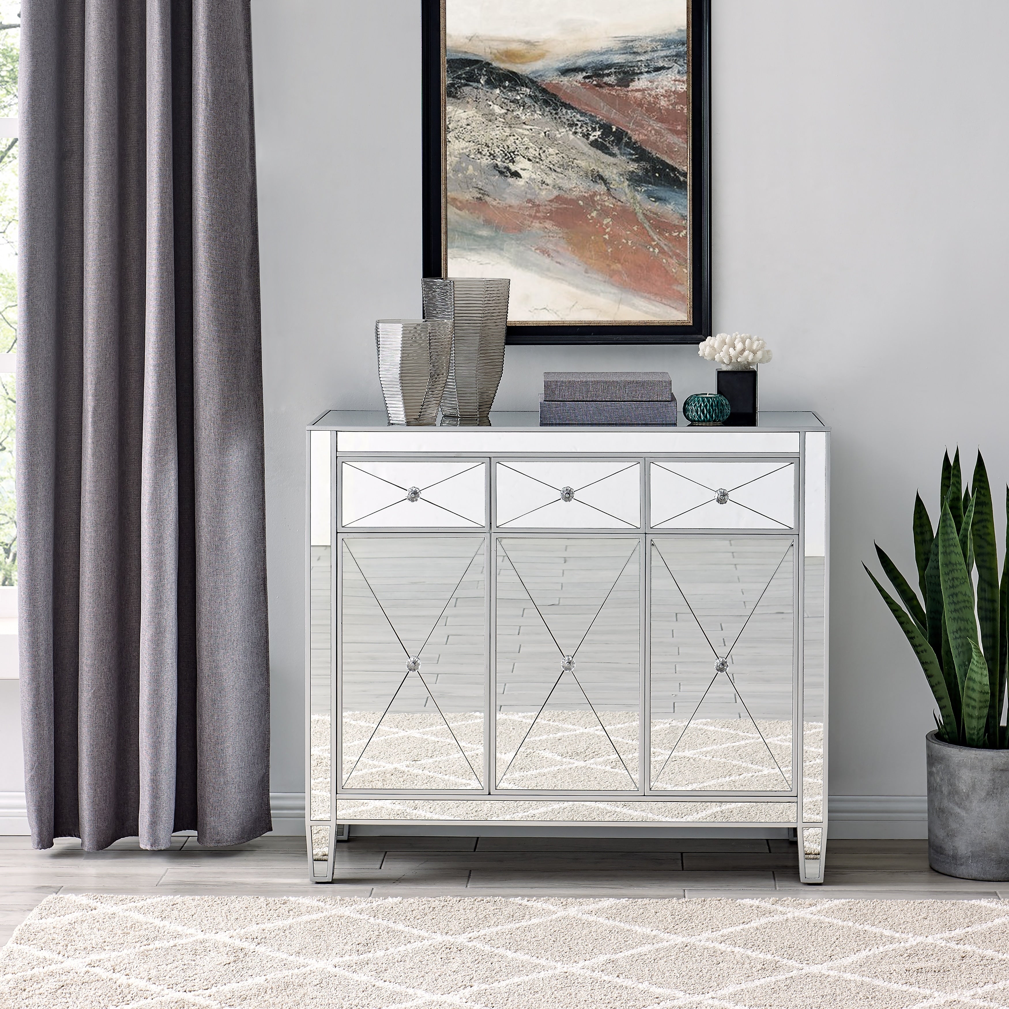 Silver Orchid Marter Glam Silver Mirror 3 Door Cabinet