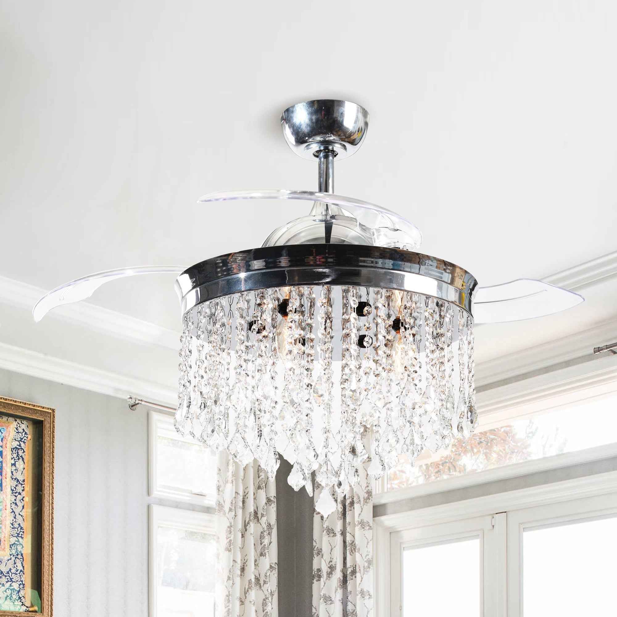3 Blade 46 Inch Ceiling Fan Chrome Crystal Chandelier