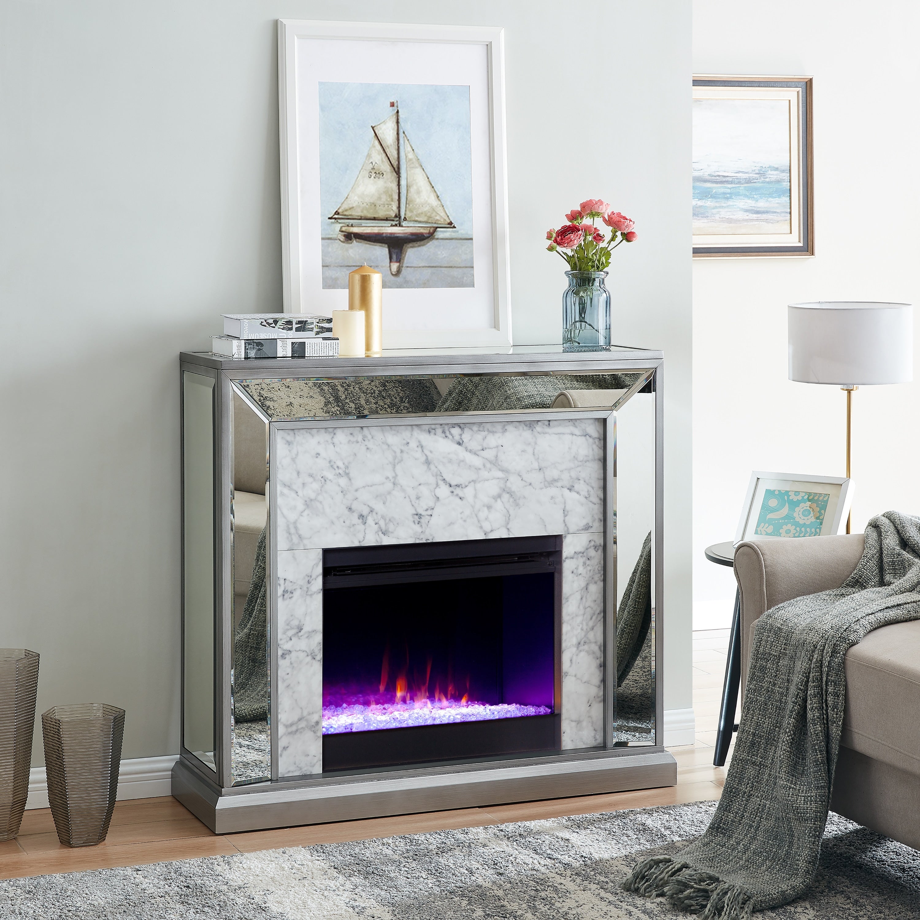 Silver Orchid Tranton Glam Mirror Fireplace With Color Changing Firebox