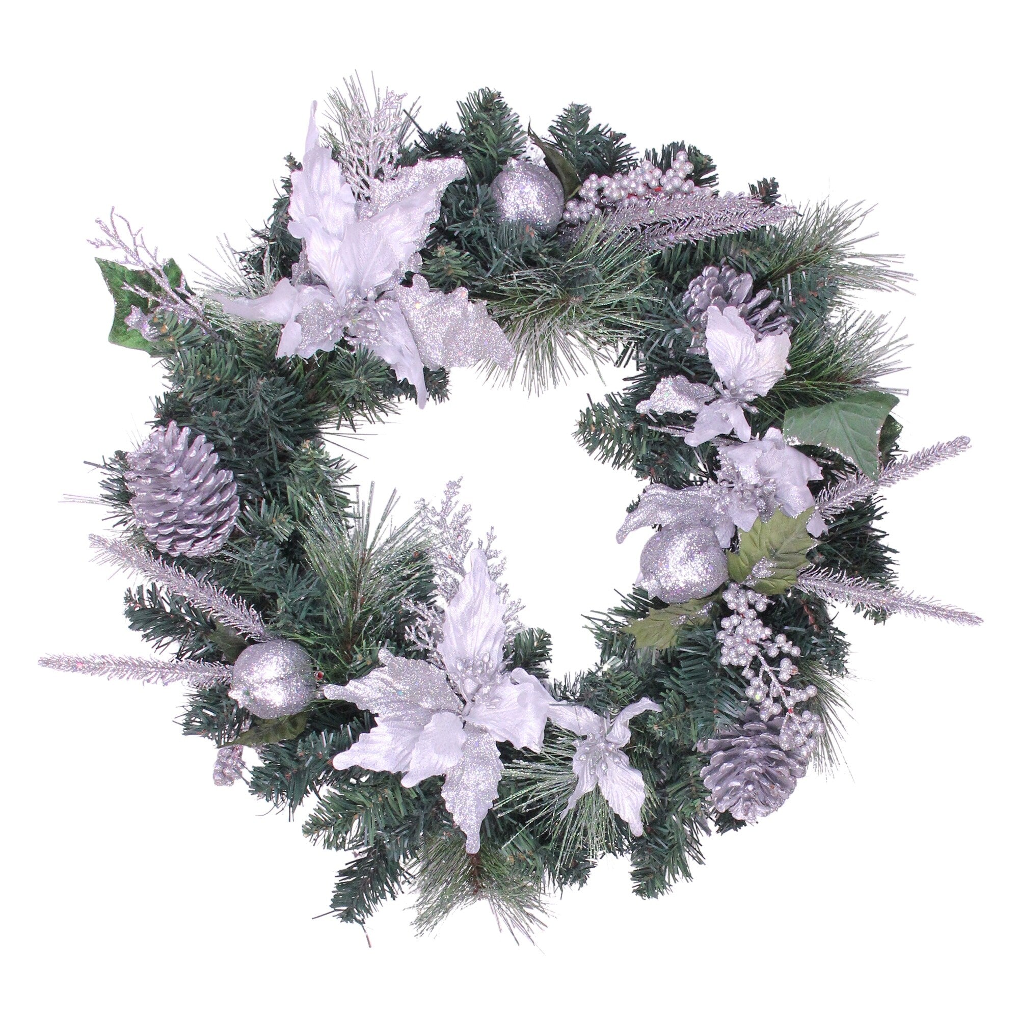Silver Poinsettia And Pinecone Artificial Christmas Wreath 24 Inch Unlit