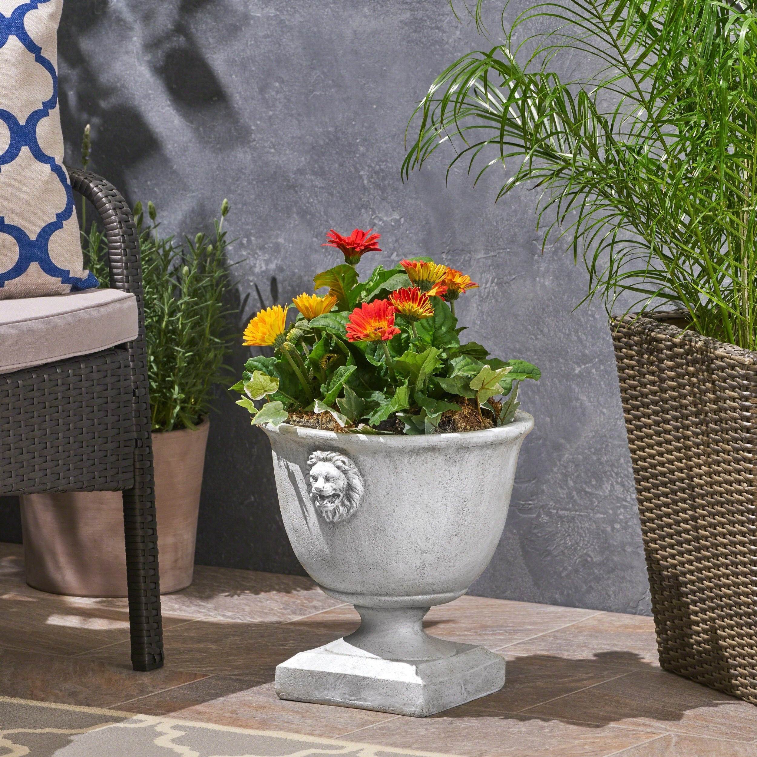 Simba Roman Lionhead Accents Chalice Lightweight Concrete Garden Urn Planter By Christopher Knight Home