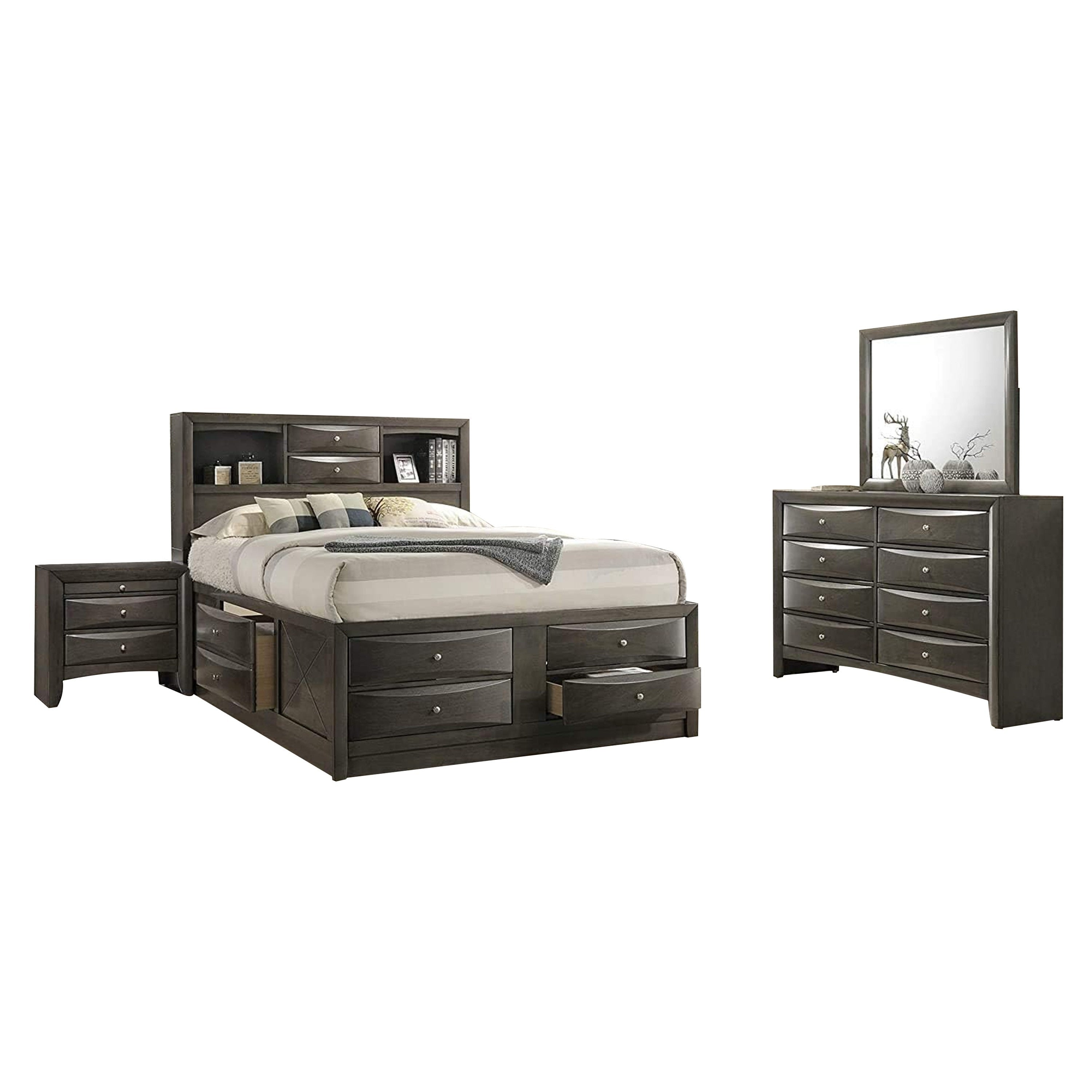 Simo 4Pc Queen Bedroom Set W Bookcase Headboard W Drawers Gray