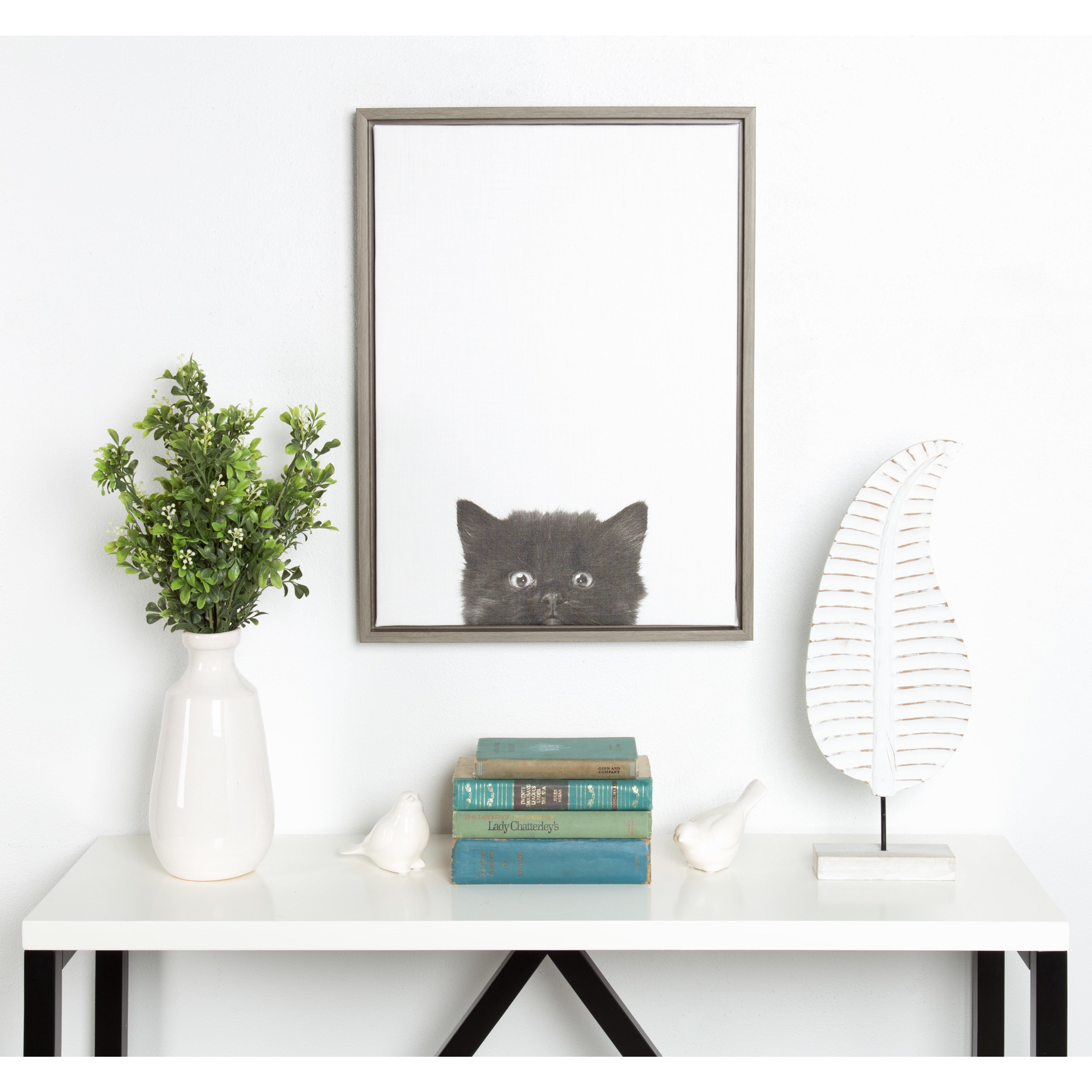 Simon Te Tai Designovation Sylvie Black Kitten Portrait Grey Framed Canvas Wall Art