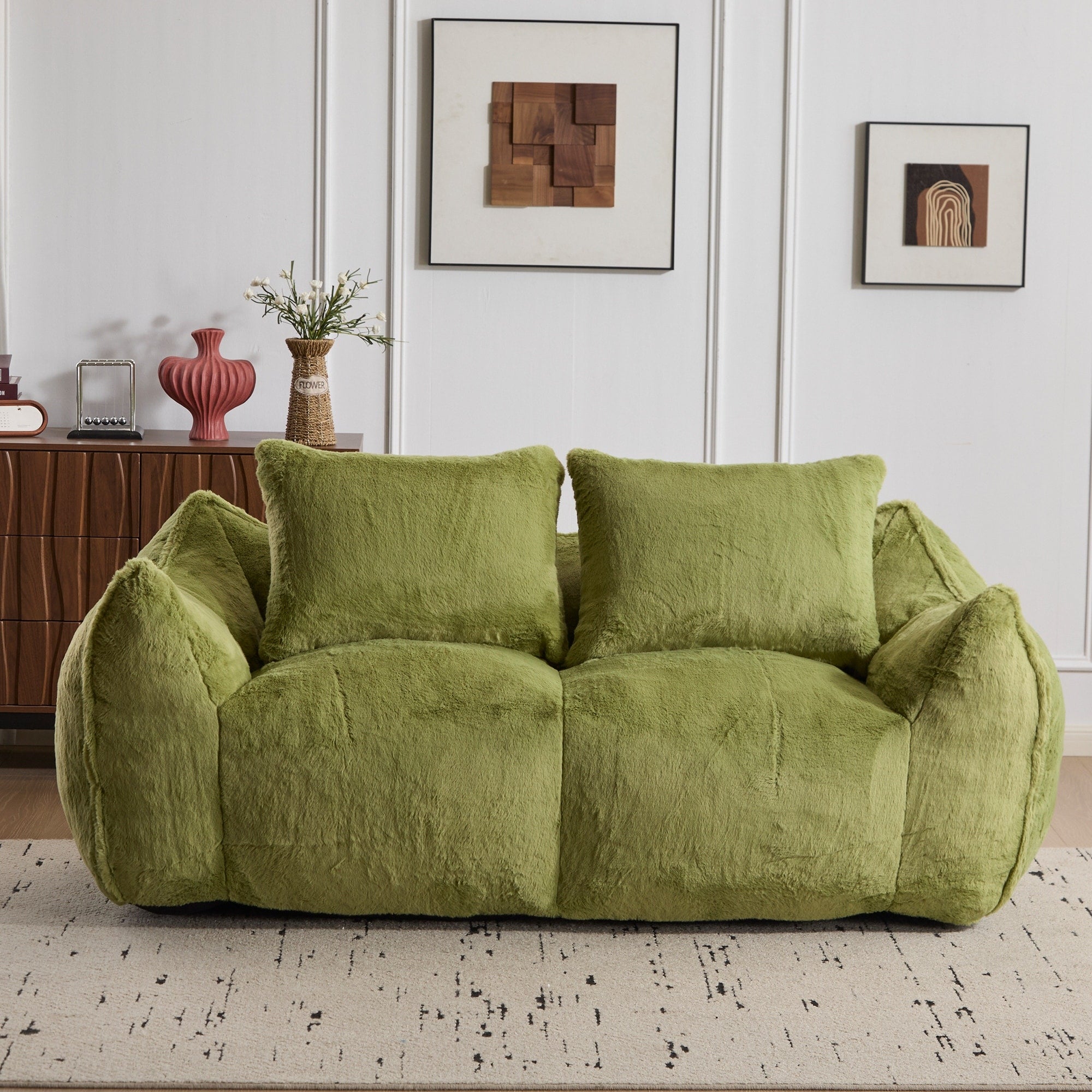 Simple Bean Bag Couch Green Loveseat Sofa Couch With 2 Pillows Lounge Sofa Couch For Living Room Bedroom
