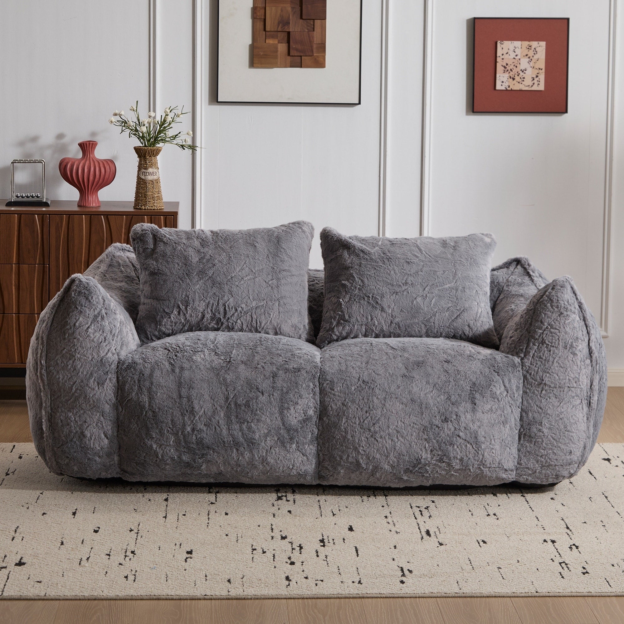 Simple Bean Bag Couch Grey Loveseat Sofa Couch With 2 Pillows Lounge Sofa Couch For Living Room Bedroom