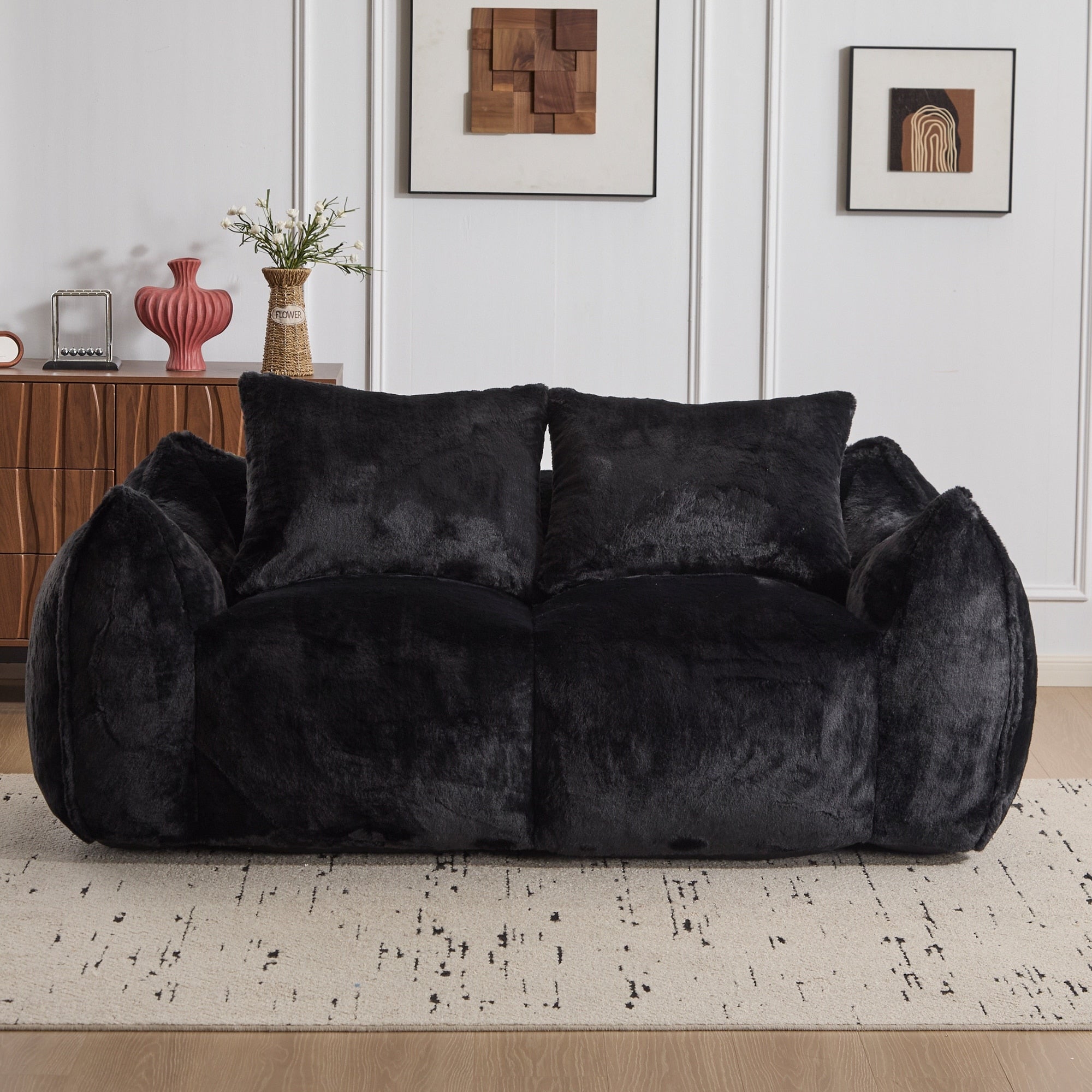 Simple Bean Bag Couch Loveseat Sofa Couch With 2 Pillows Black Lounge Sofa Couch For Living Room Bedroom