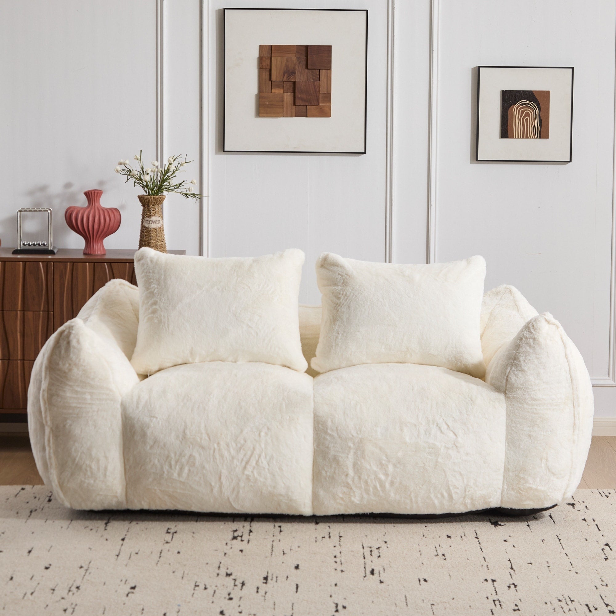 Simple Bean Bag Couch White Loveseat Sofa Couch With 2 Pillows Lounge Sofa Couch For Living Room Bedroom