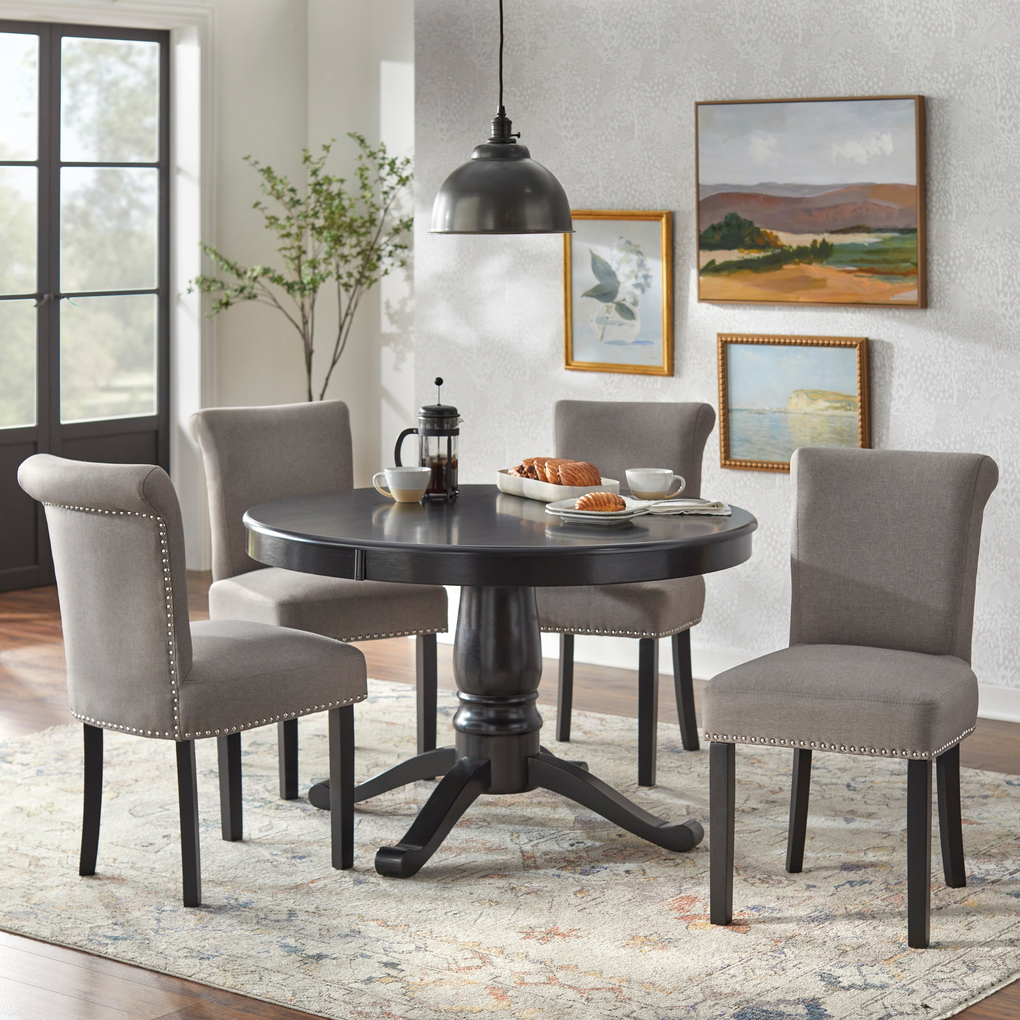 Simple Living Adeline Grey Upholstered 5 Piece Pedestal Dining Set