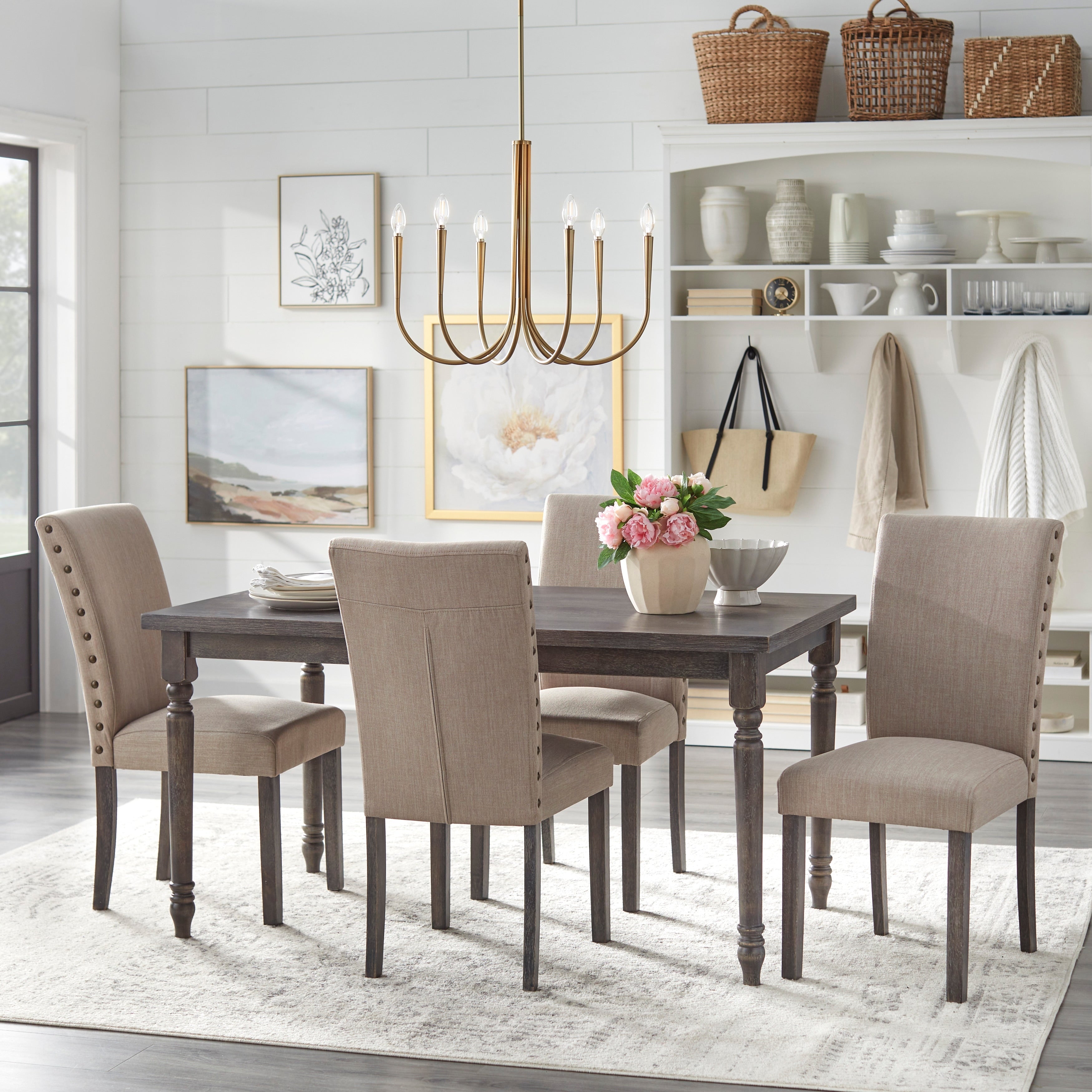 Simple Living Burntwood Parson Weathered Grey Upholstered Dining Set