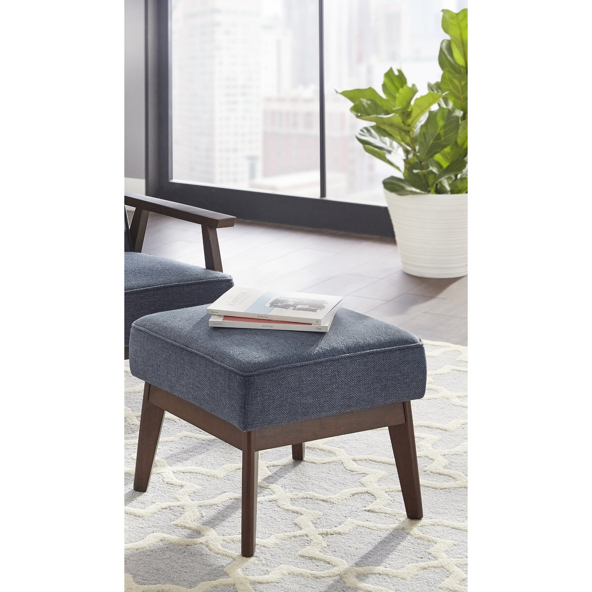 Simple Living Sonia Fabric Foam And Dark Walnut Rubberwood Upholstered Ottoman