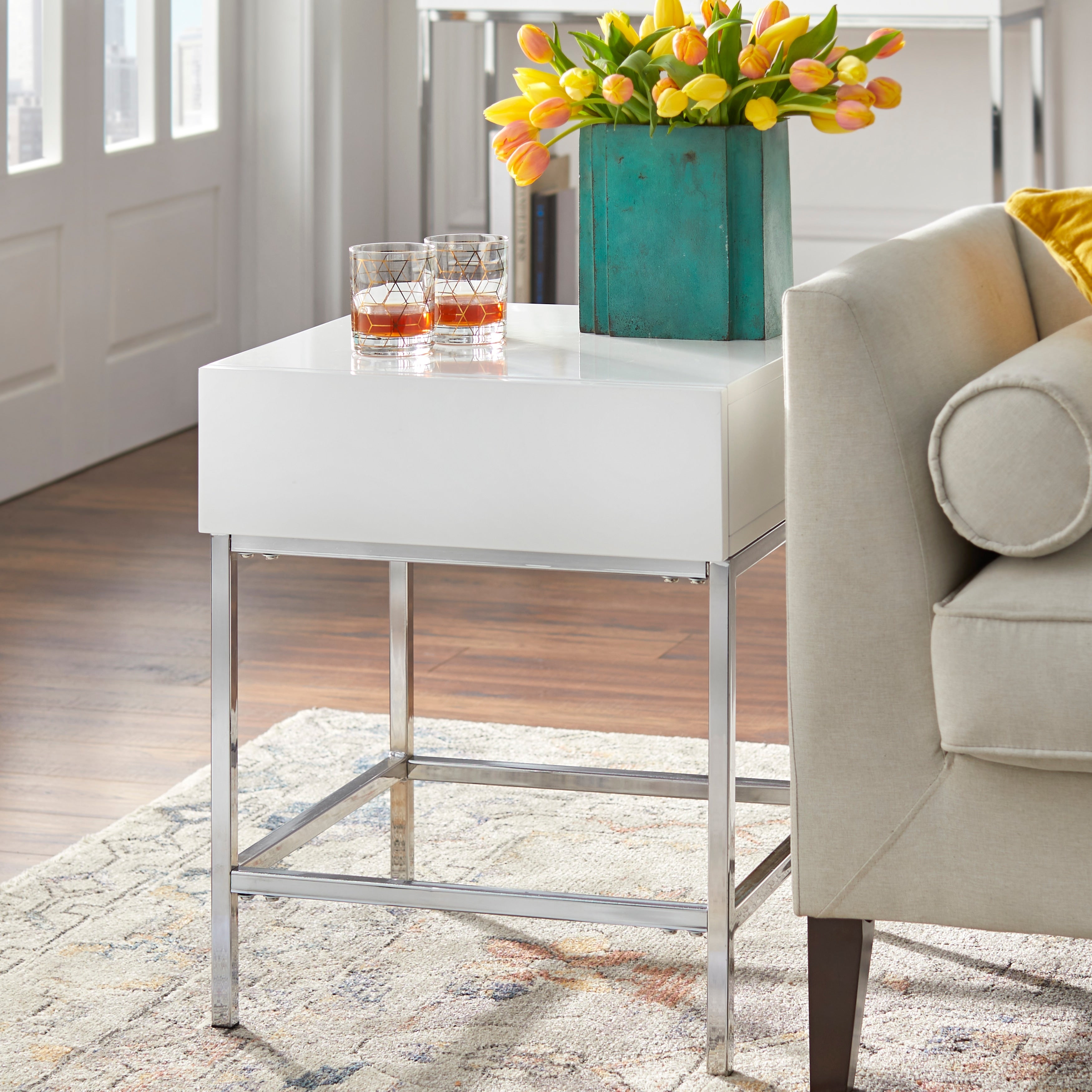 Simple Living White Metal High Gloss End Table