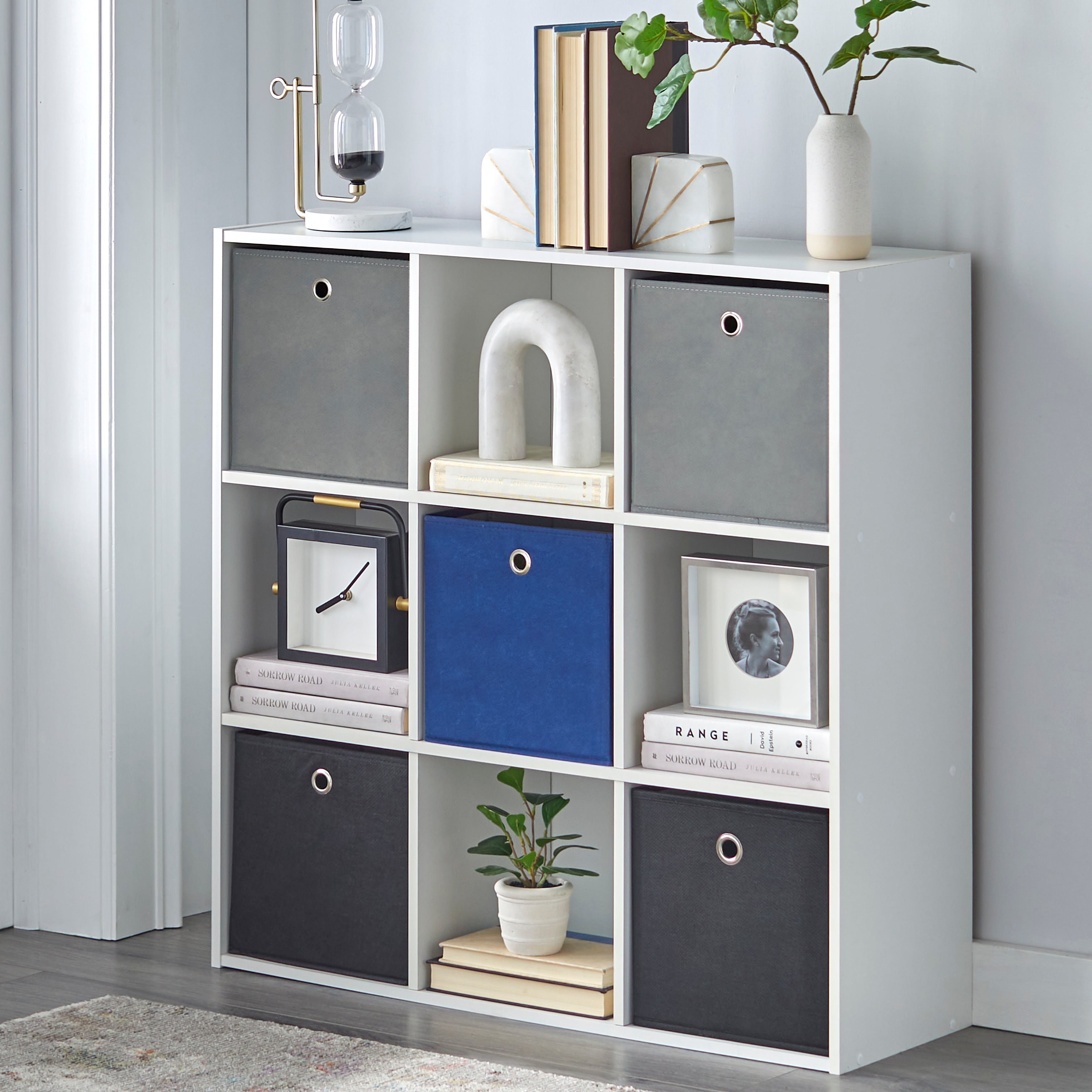 Simple Living Jolie White Bookcase With Five Fabric Bins 29.5 H X 35.5 W X 10.75 D