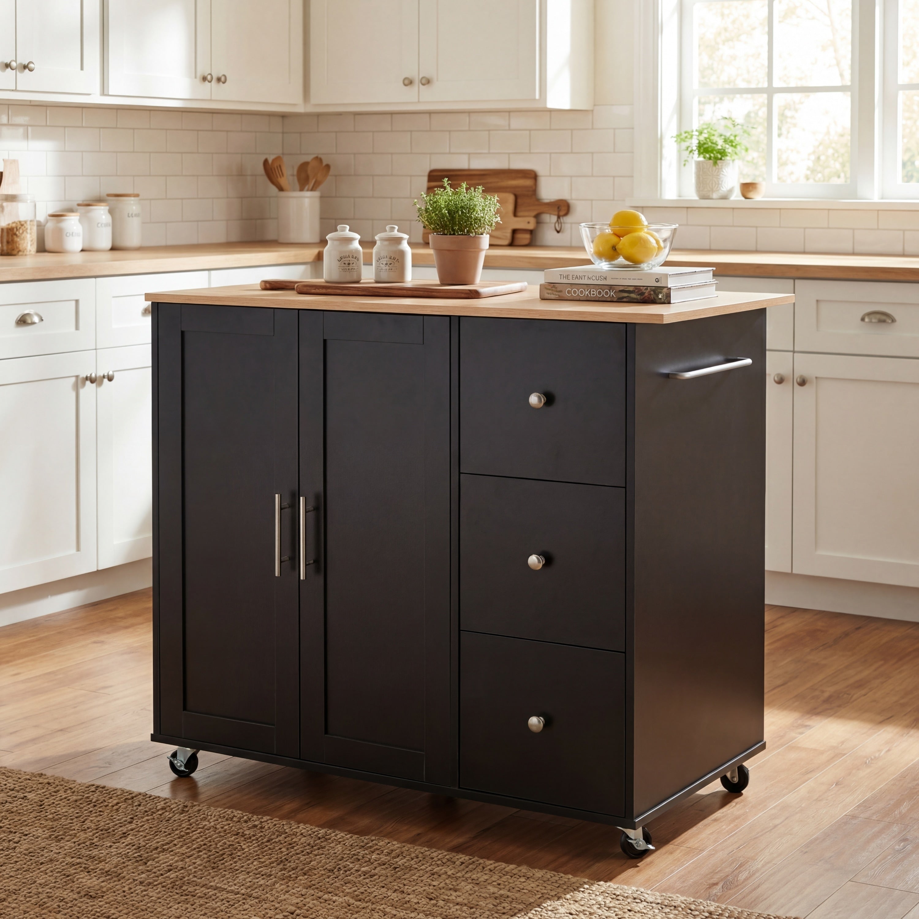 Simple Mobile Kitchen Cart With Storage Cabinet Rolling Kitchen Island With 2 Doors Adjustable Shelf