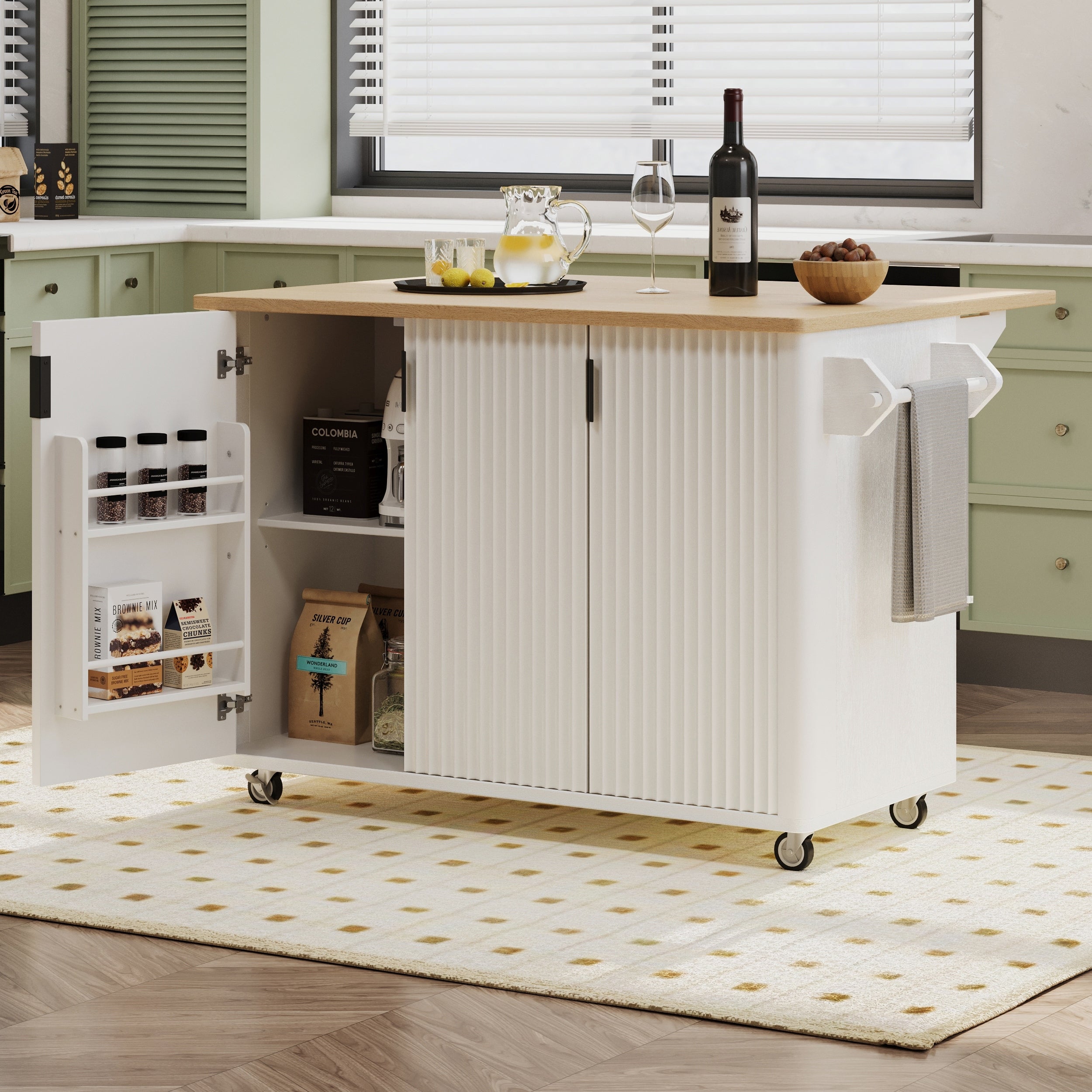 Simple White Rolling Kitchen Cart With Adjustable Shelves Mobile Kitchen Island On Wheels With Drop Leaf