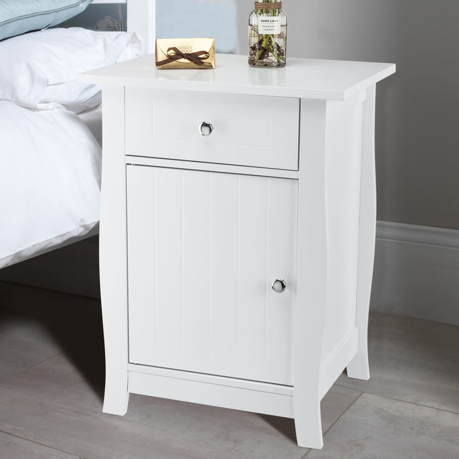 Single Door Bedside Cabinet Nightstand Table With 1 Drawer.