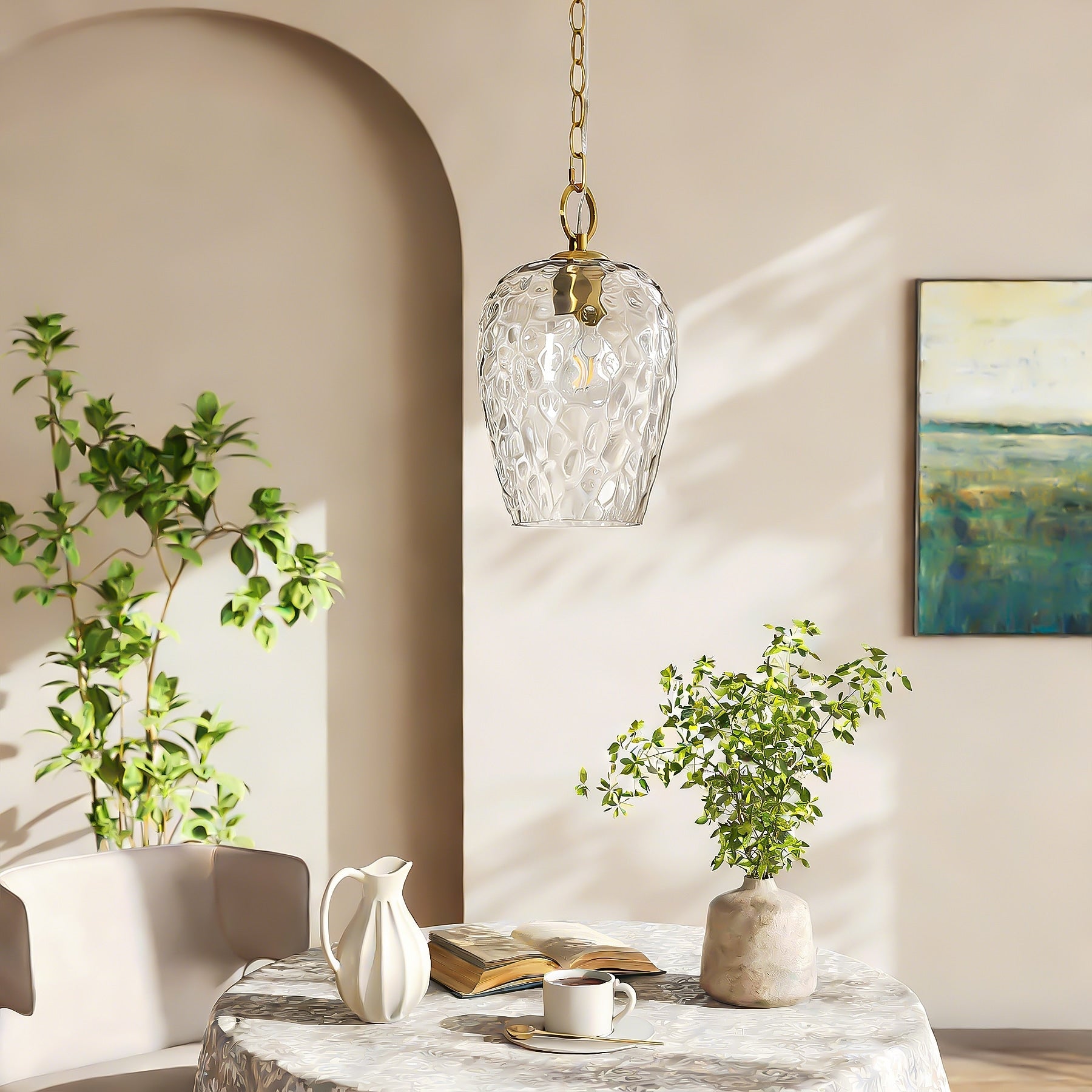 Single Height Adjustable Pendant Light With Hammered Glass Shade In Gold Finish Hanging Fixture For Kitchen Island