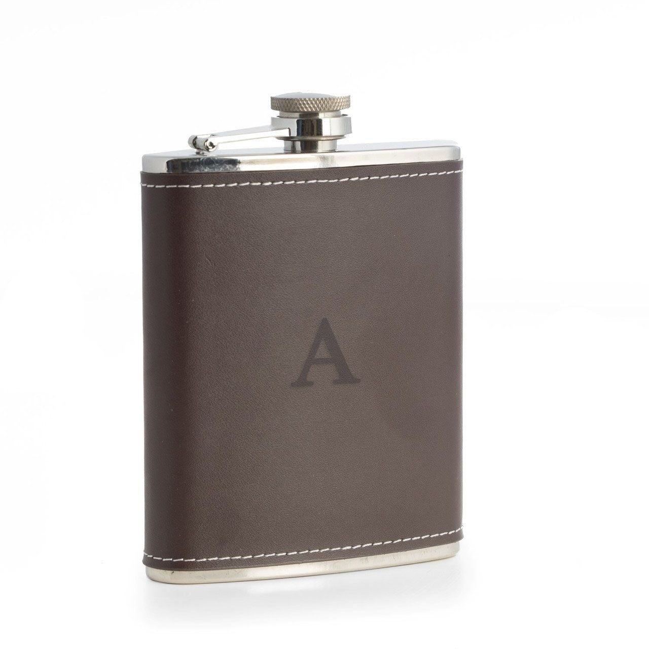 Single Initial Stainless Steel Brown Leather Flask 6 Oz.
