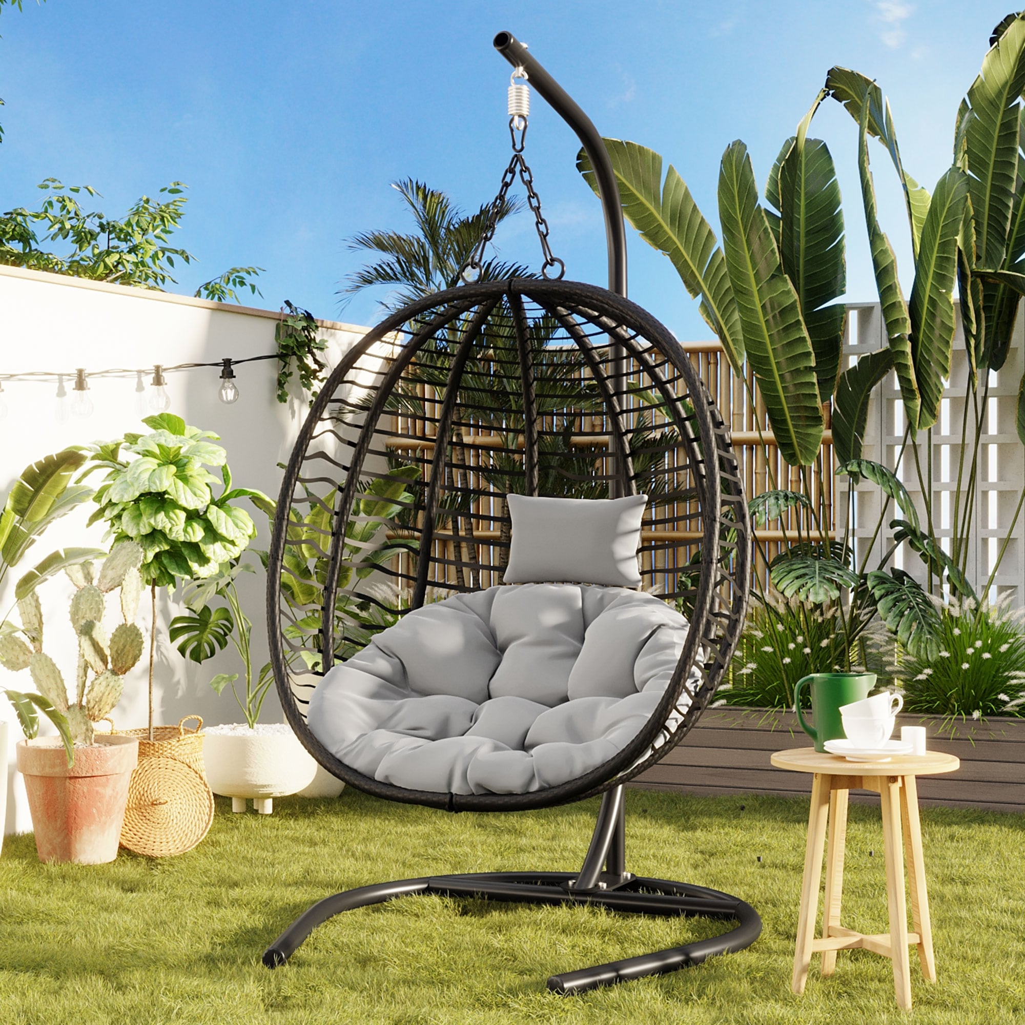 Single Person Folding Egg Chair With Stand Hanging Egg Chair Wicker Hammock Swing Chair With Adjustable Anti Slip Feet