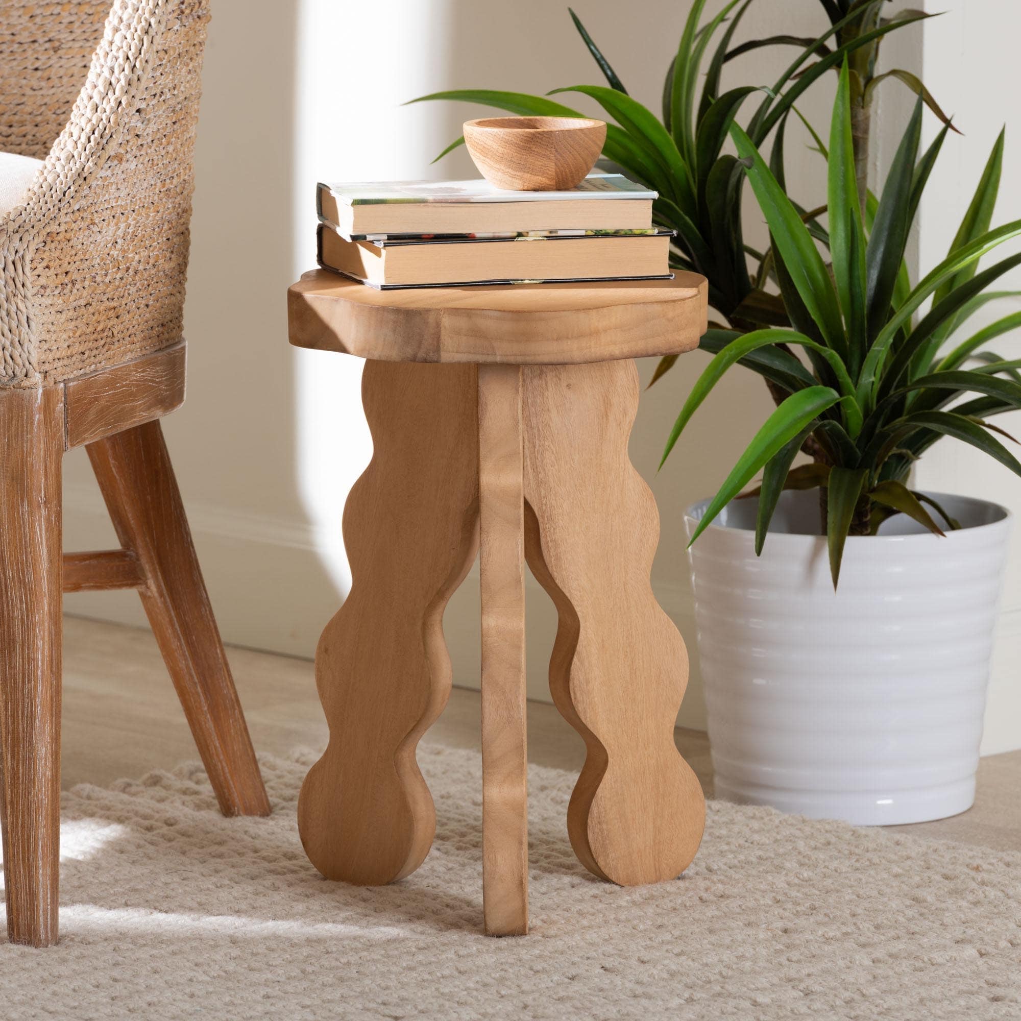 Sino Acacia Wood Multipurpose Accent Stool Sculptural End Table With Wavy Tripod Base For Living Room Or Bedroom