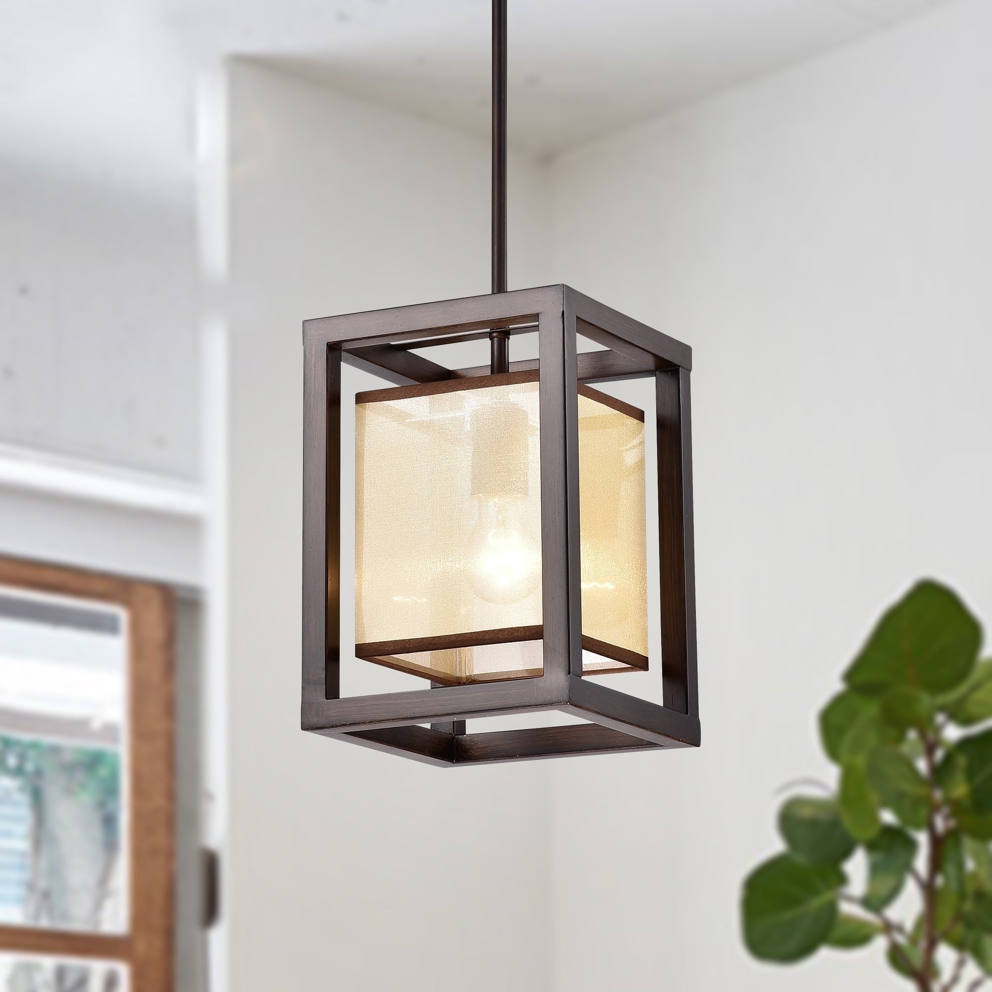 Sipafel Mini Faux Wood Grain 1 Light Metal Pendant With Fabric Inner Shade