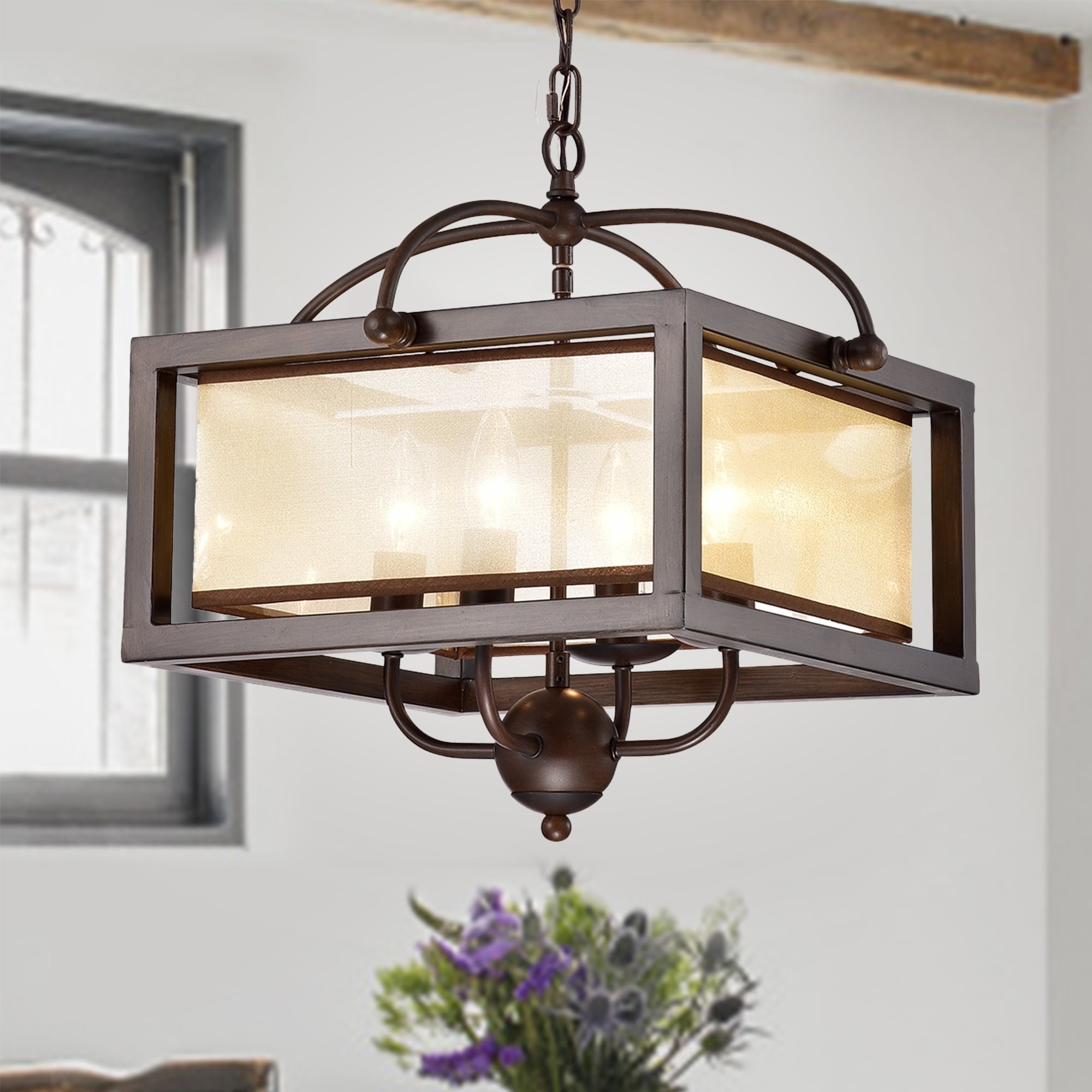 Sipafel Short Faux Wood Grain 4 Light Metal Pendant With Fabric Inner Shade