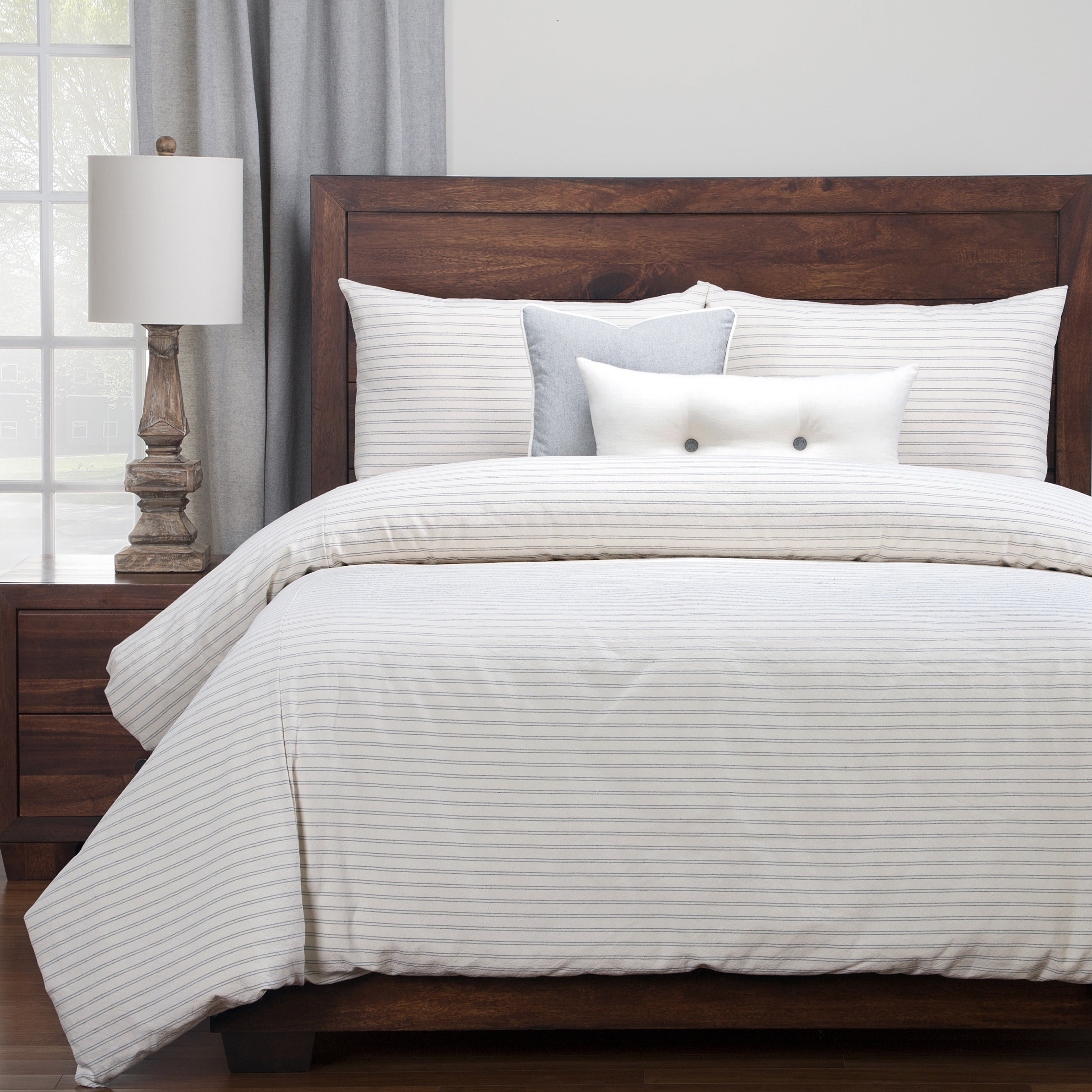 Siscovers Luxury Ticking Stripe Pewter Farmhouse Cotton Blend Down Alt Duvet Set Cream