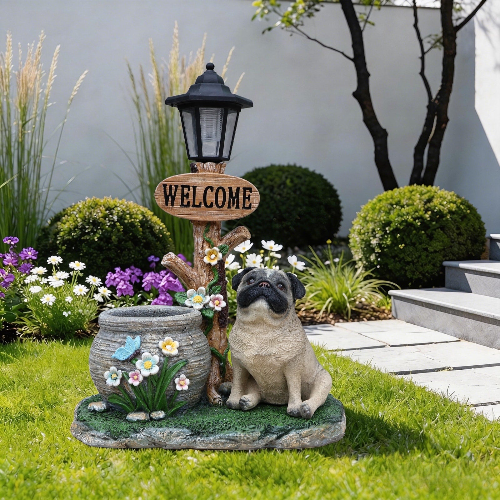 Sitting Pug Dog Planter Outdoor Garden Statue Weather Resistant