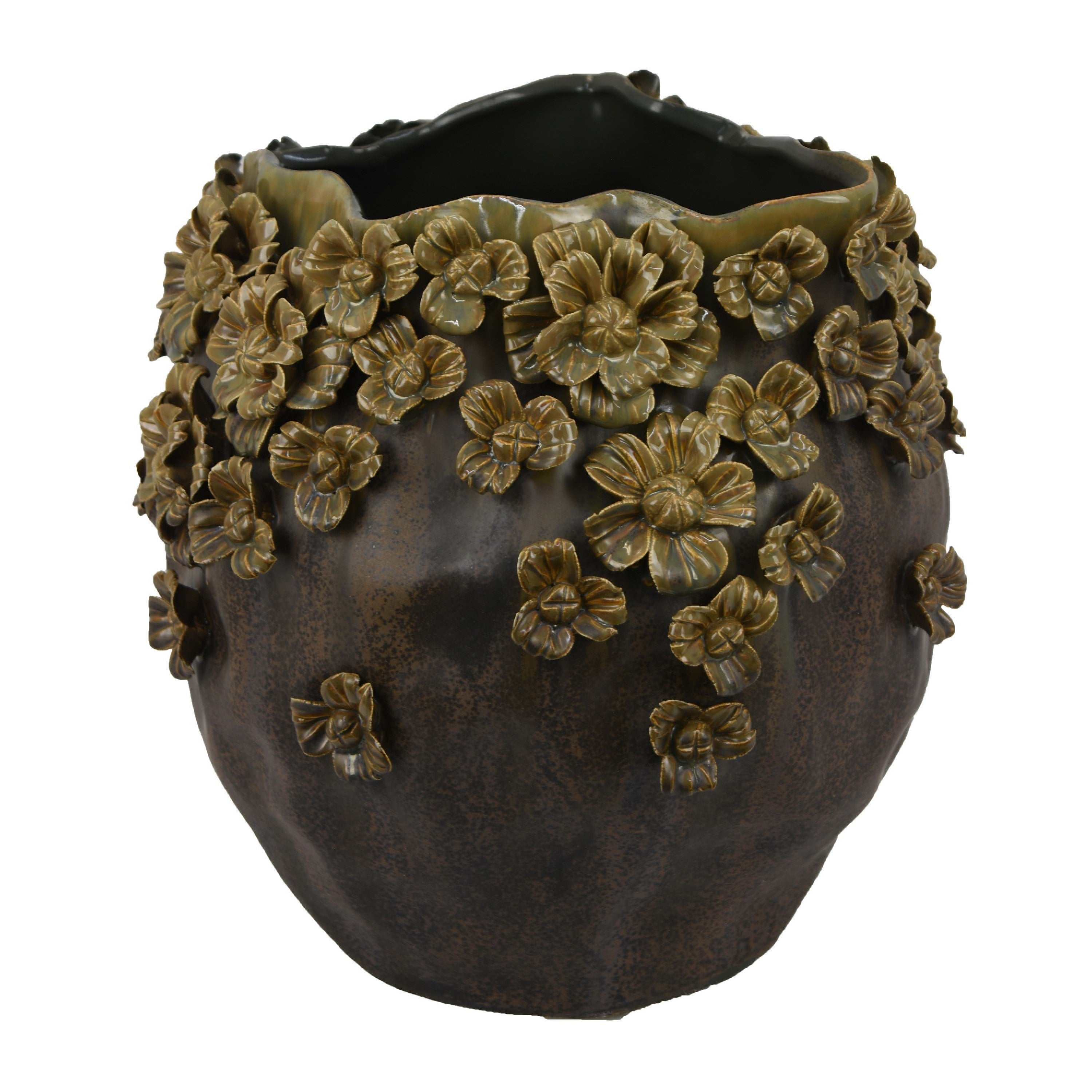Siya Decorative Vase Brown Ceramic Rustic Round Floral Design 13 Inch