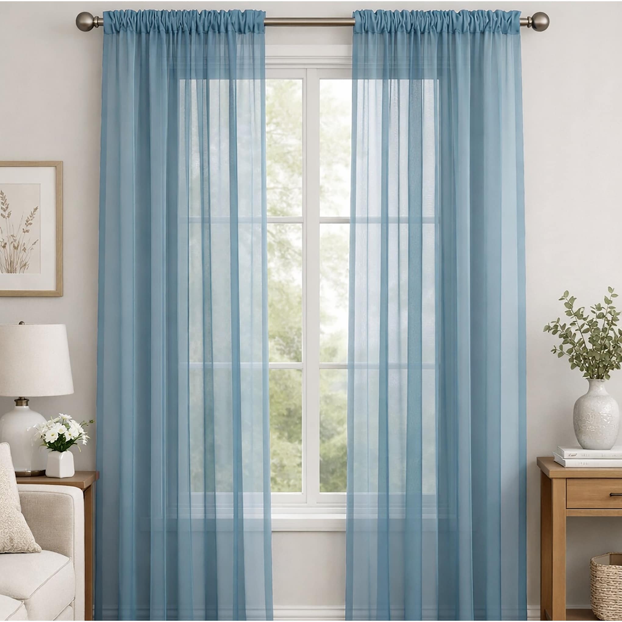 Slate Blue Sheer Window Rod Pocket Curtain Set 90 Inches Long 2 Panels