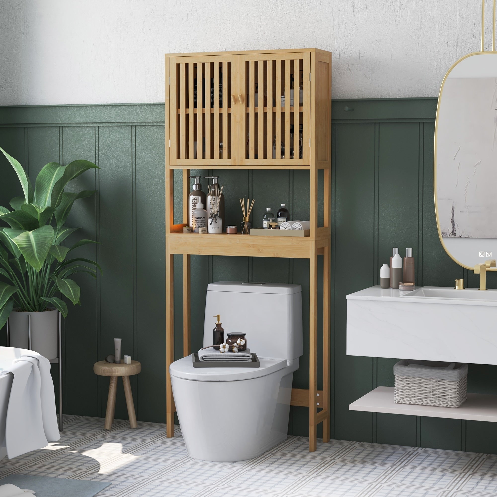 Slatted Door Cabinet Over The Toilet Storage Organizer With Adjustable Shlef Above The Toilet Storage Cabinet