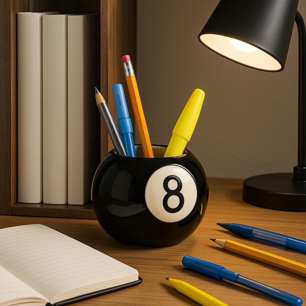 Sleek Magic 8 Ball Round Pencil Cup Storage 4 Black White 4.0