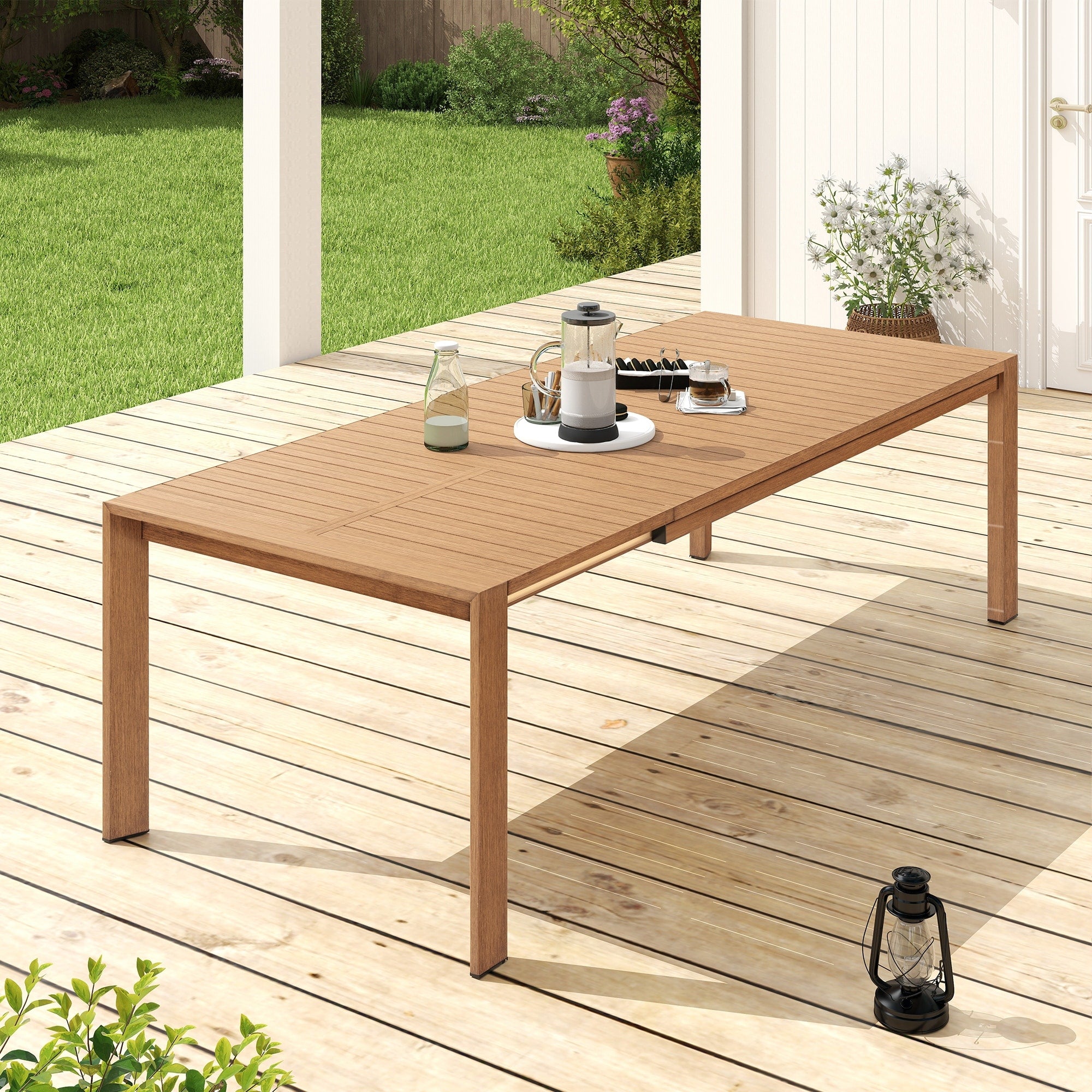 Sleekext Natural Wood Tone Finish 100 Aluminum Outdoor Dining Table With Extension