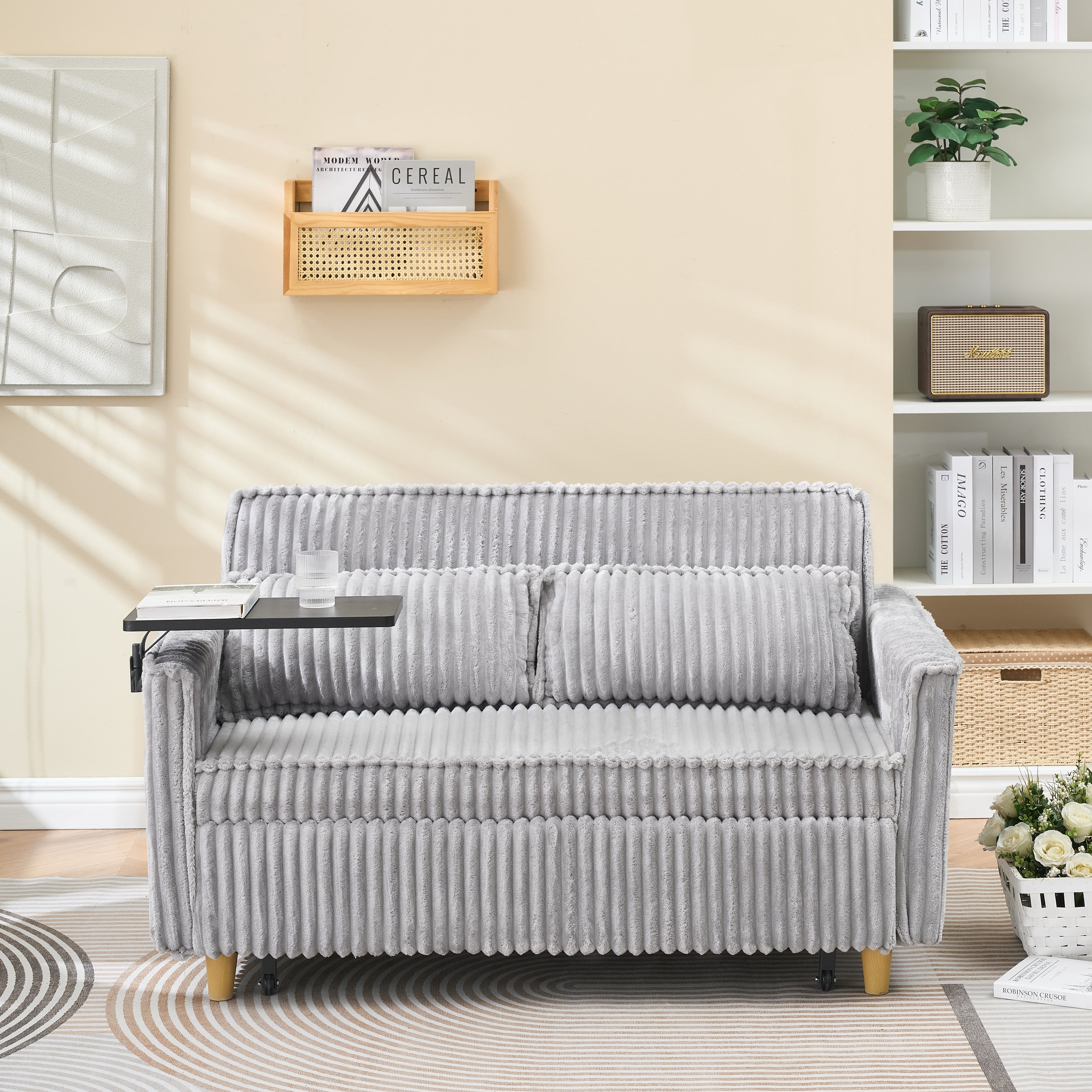 Sleeper Sofa Gray Folding Loveseat With 2 Pillows Usb Charging Convertible Sofa Bed Multi Functional Loveseat