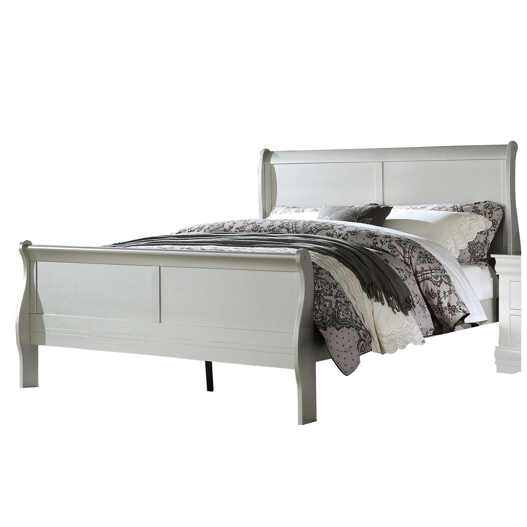 Sleigh Design Eastern King Bed With Rectangular Thin Legs Silver