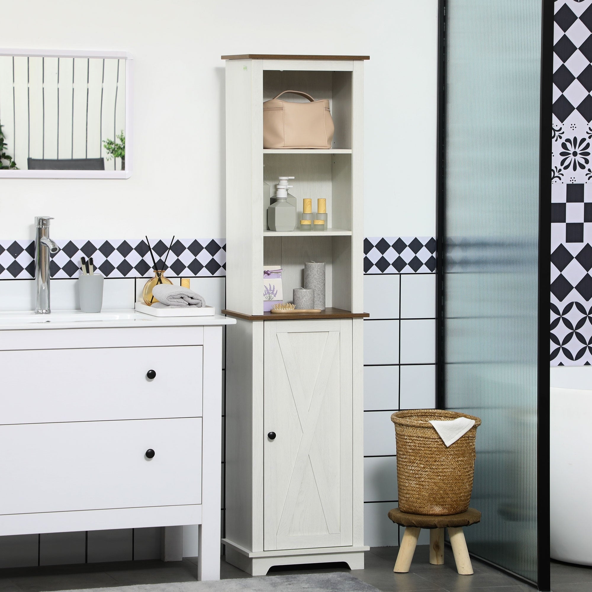 Slim Bathroom Storage Cabinet With 3 Open Shelves Charming Skin Care Cabinet Side Floor Organizer With Door