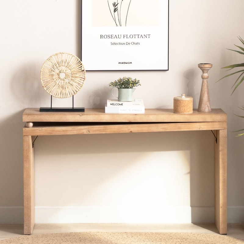 Slim Natural Wood Console Table 52.6 Narrow Entryway Table With Bead Detail