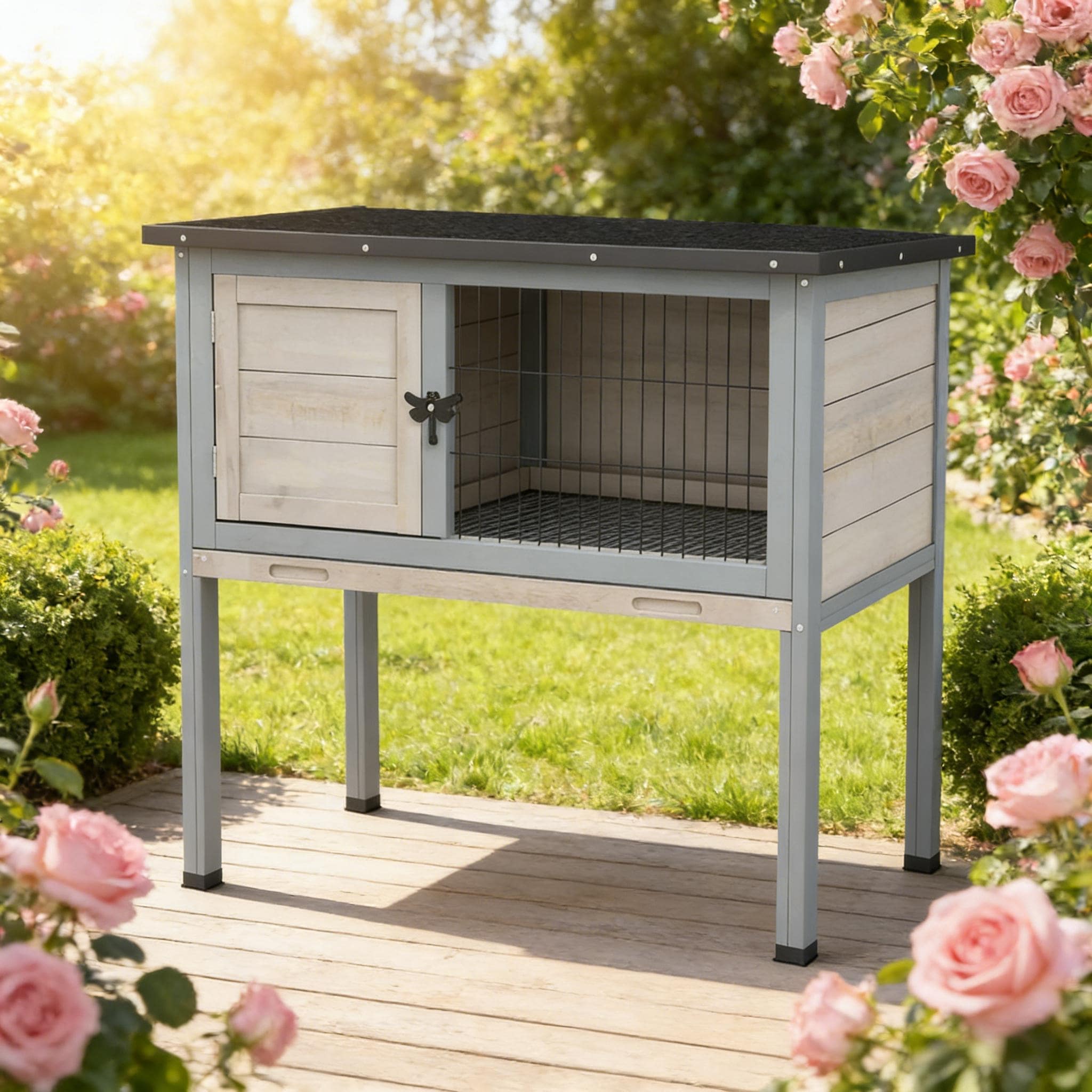 Small Animal Cage Rabbit Hutch Elevated Rabbit Hutch Is Designed For Convenient Cleaning Black Gray
