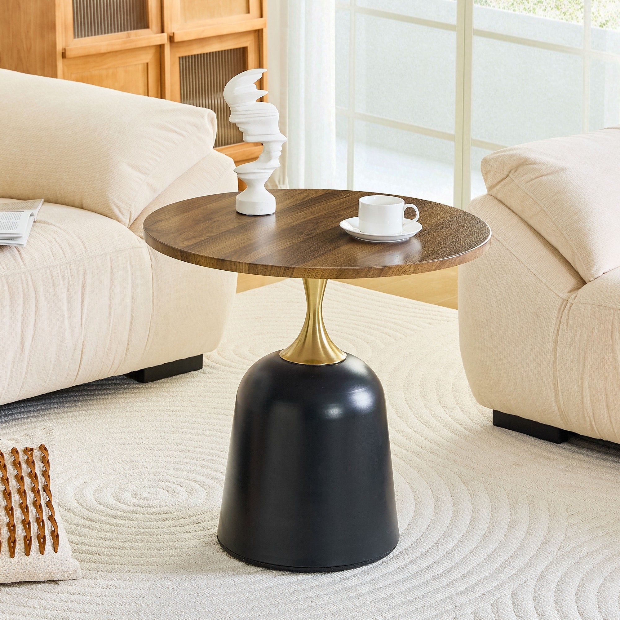 Small Circular Side Table Coffee Table Metal Base Living Room Table Walnut Wood Grain Minimalist Modern Decoration