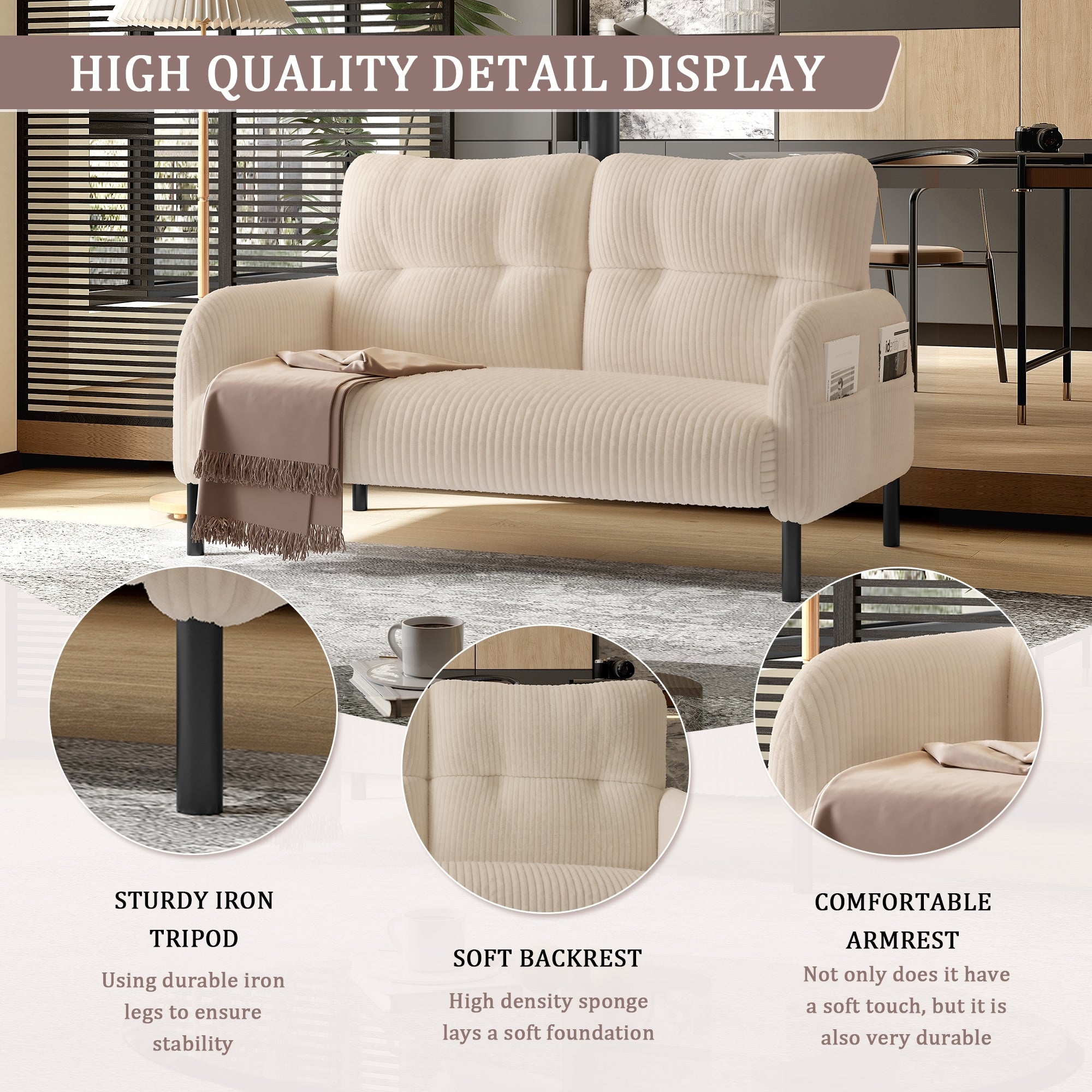 Small Corduroy Upholstered Loveseat Sofa Lounge Sofa Chair With Double Side Pockets High Density Sponge 2 Seater Sofa